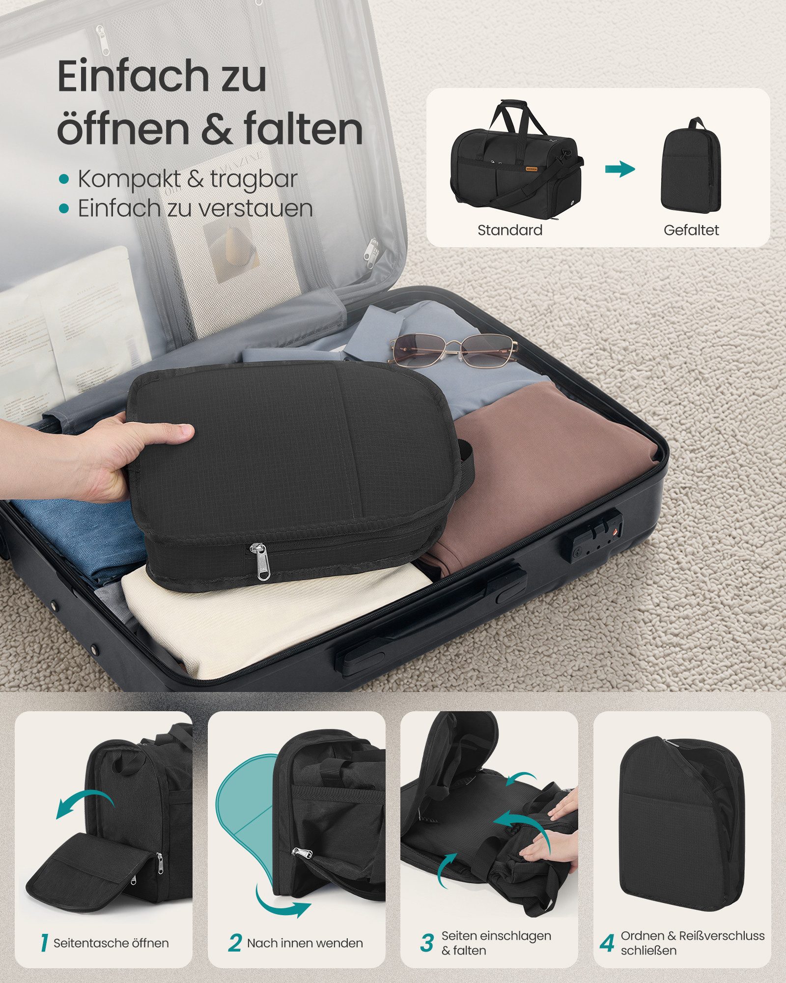 SONGMICS Reisetasche Reisetasche mit Schuhfach & Nassfach, Faltbare Sporttasche Weekender, 50 L, 55 x 35 x 25 cm, Schwarz – Bild 4 von 5