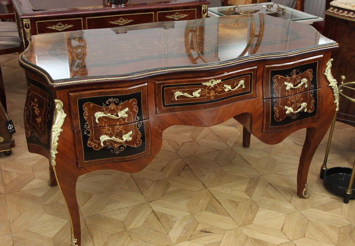 Casa Padrino Schreibtisch mit 140 und Intarsien 68 abnehmbarer Sekretär Barock Beschlägen x x goldenen Braun H83 Glasplatte
