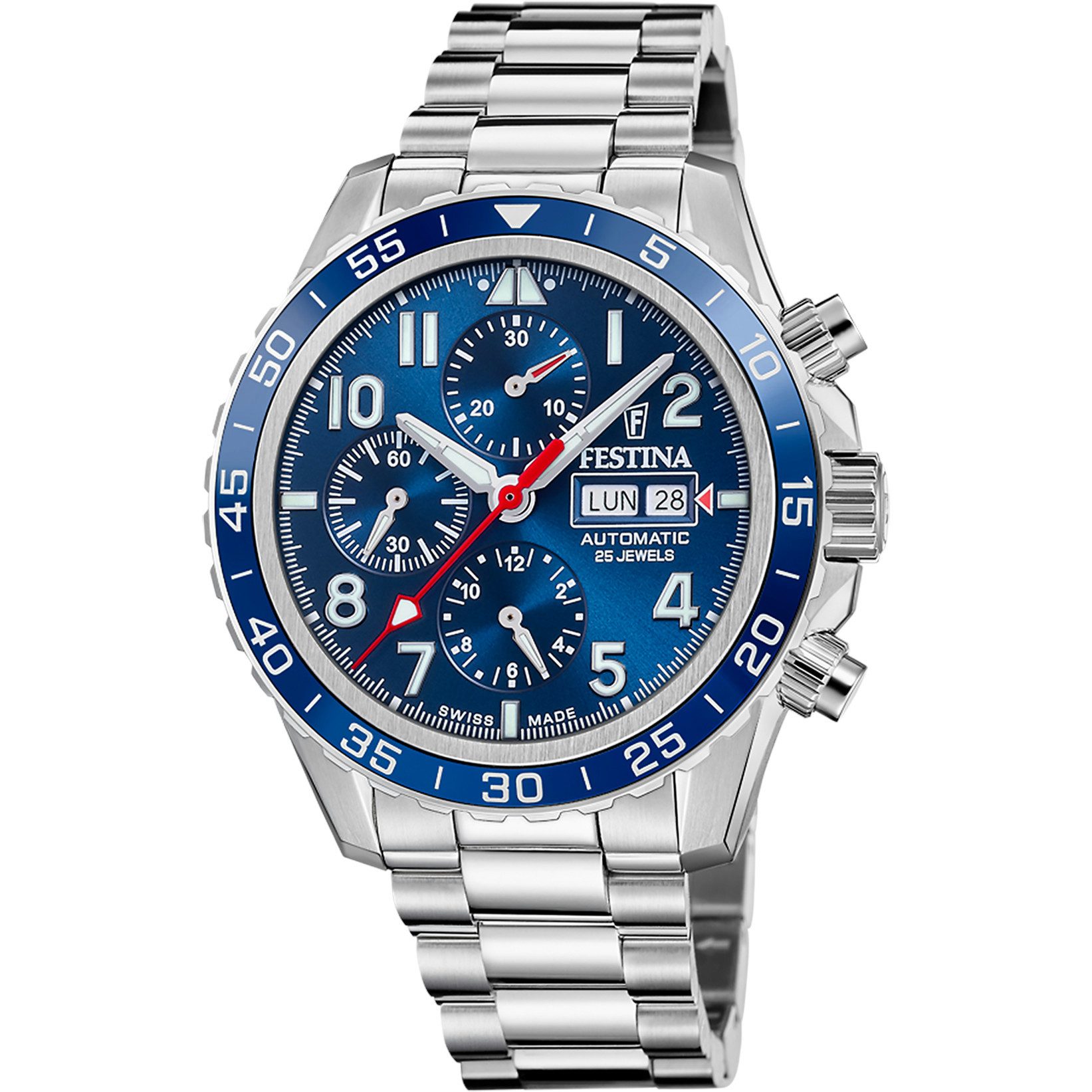 Festina Automatikuhr Chronograph – Swiss Made – 45,8 mm Herren Armbanduhr F20055/3, mit Blauem Zifferblatt & Edelstahlband