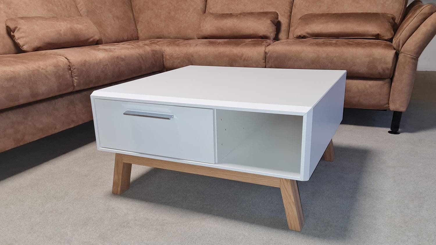 Möbel Akut Couchtisch Couchtisch LIGHT LINE 5 weiß matt Lack Eiche massiv 75x75cm, Matt Lackierung