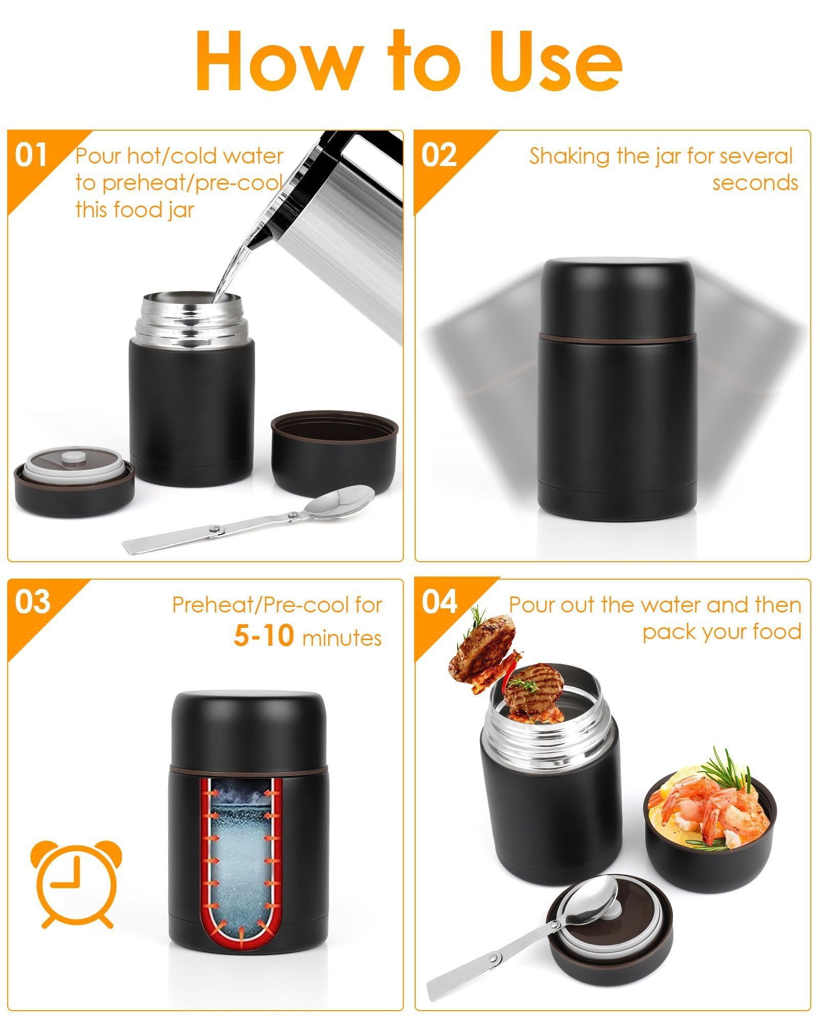 SURFOU Thermobehälter Thermobehälter Für Essen 800ML, Thermobecher Wärmebehälter, Thermobox, Edelstahl, (Lebensmittelechter Edelstahl Warmhaltebehälter Speisege – Bild 2 von 5