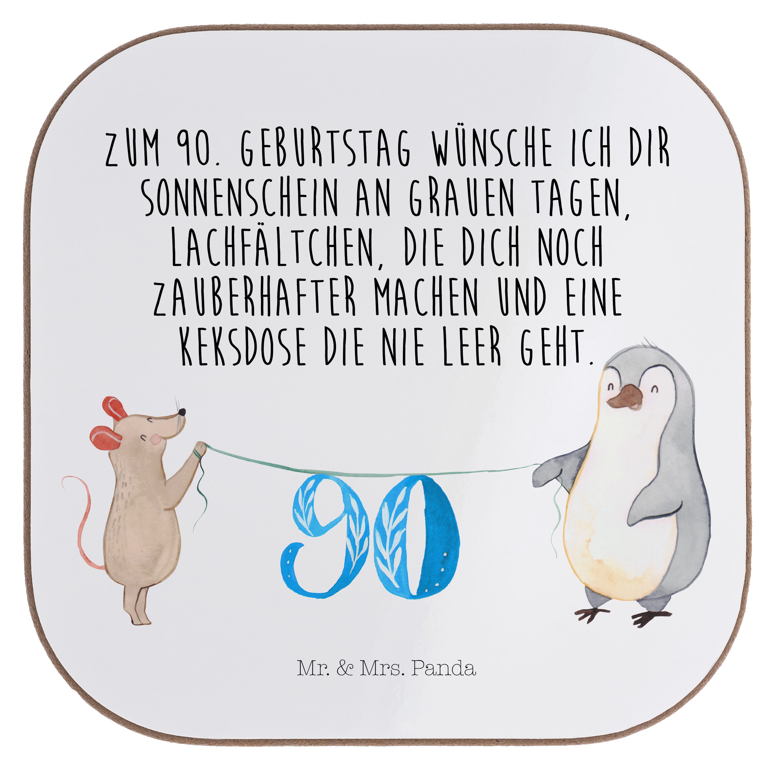 Mr. & Mrs. Panda Getränkeuntersetzer 90. Geburtstag Maus Pinguin - Weiß - Geschenk, Bierdeckel, Feiern, Ge, 1-tlg.