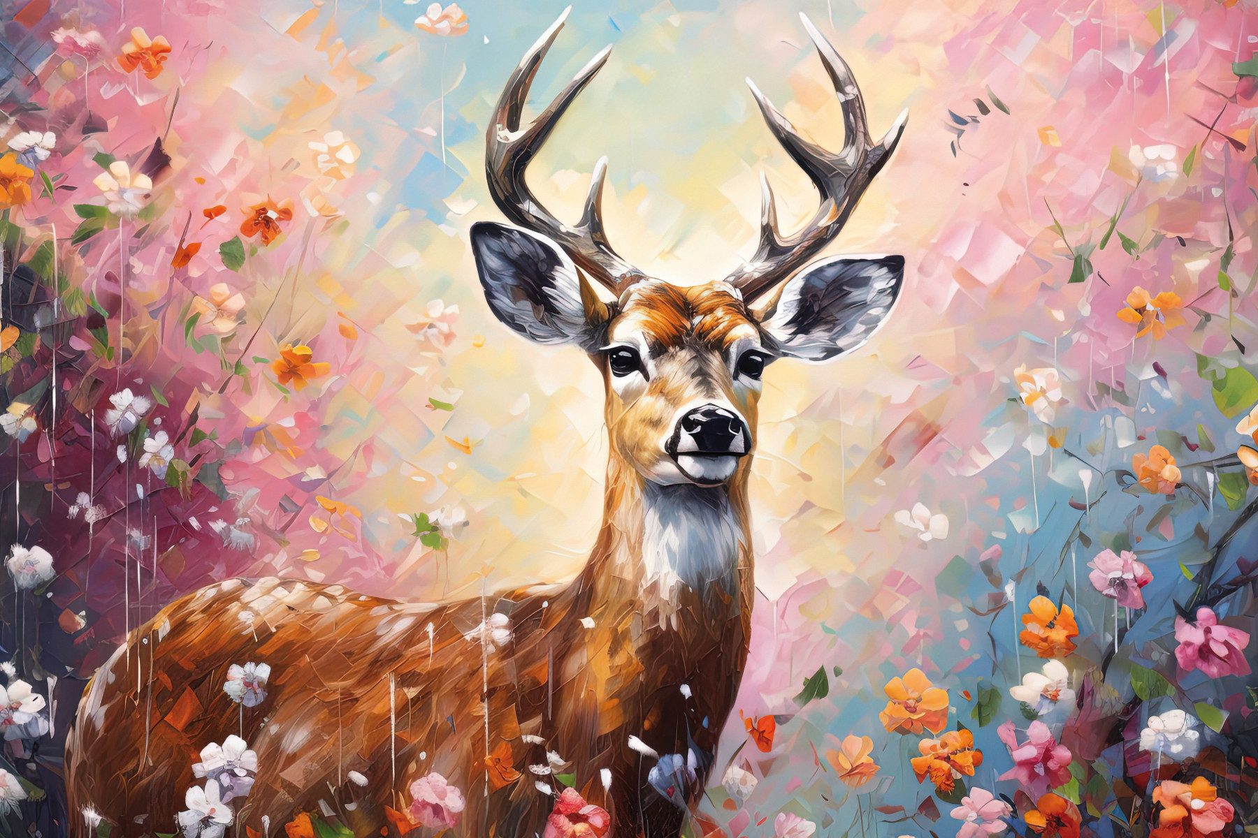 Bönninghoff Leinwandbild Wandbild HIRSCH IN BLUMEN 60x90 cm – Leinwandbild Keilrahmen Deko, Blumen, Hirsch, Wildtiere (1 St), auf Keilrahmen gespannt