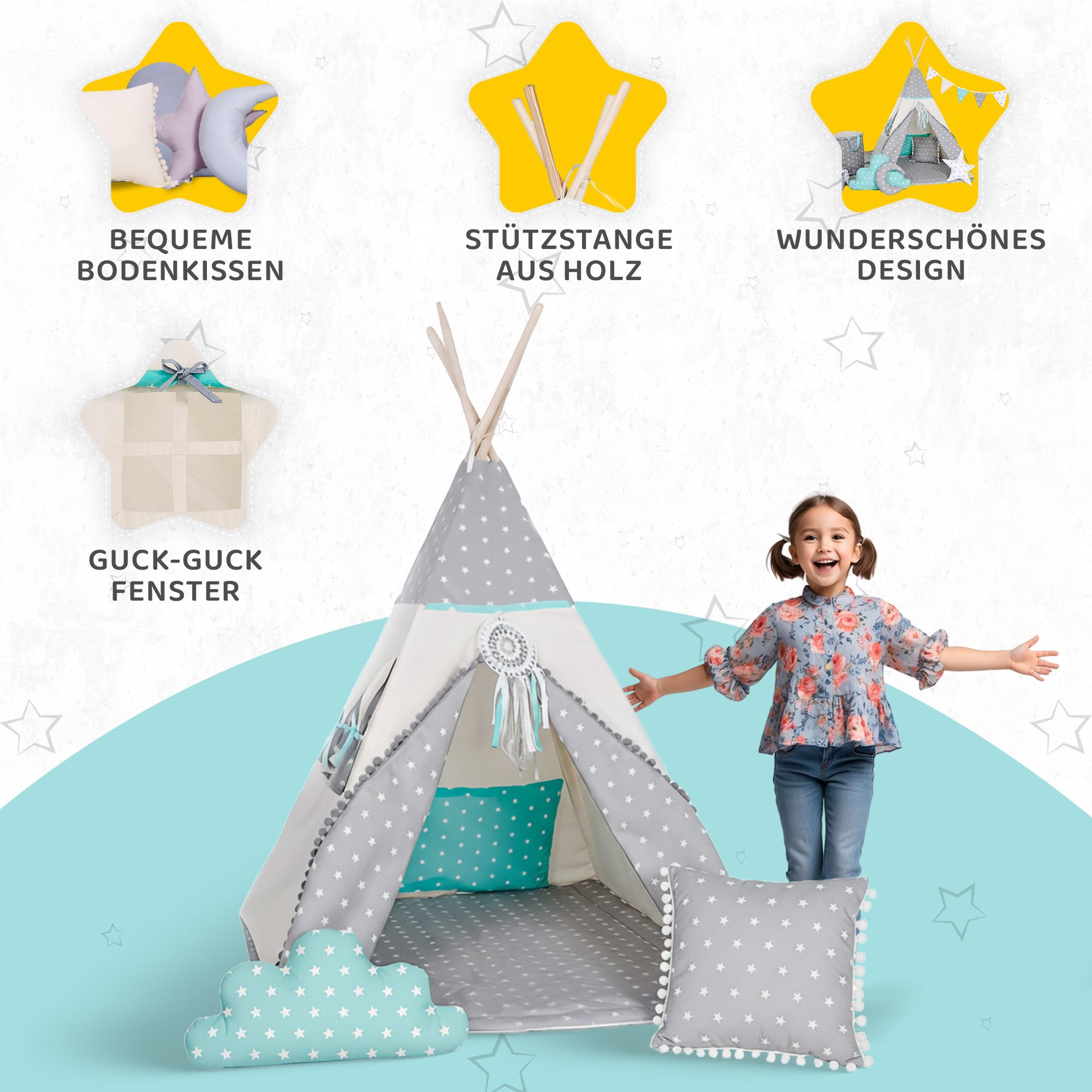 Rainbow Kids Tipi-Zelt Wolf Stern Grau, Personen: 2 (mit kleinem Zubehör, 4 tlg., mit 2 Kissen und Matte)