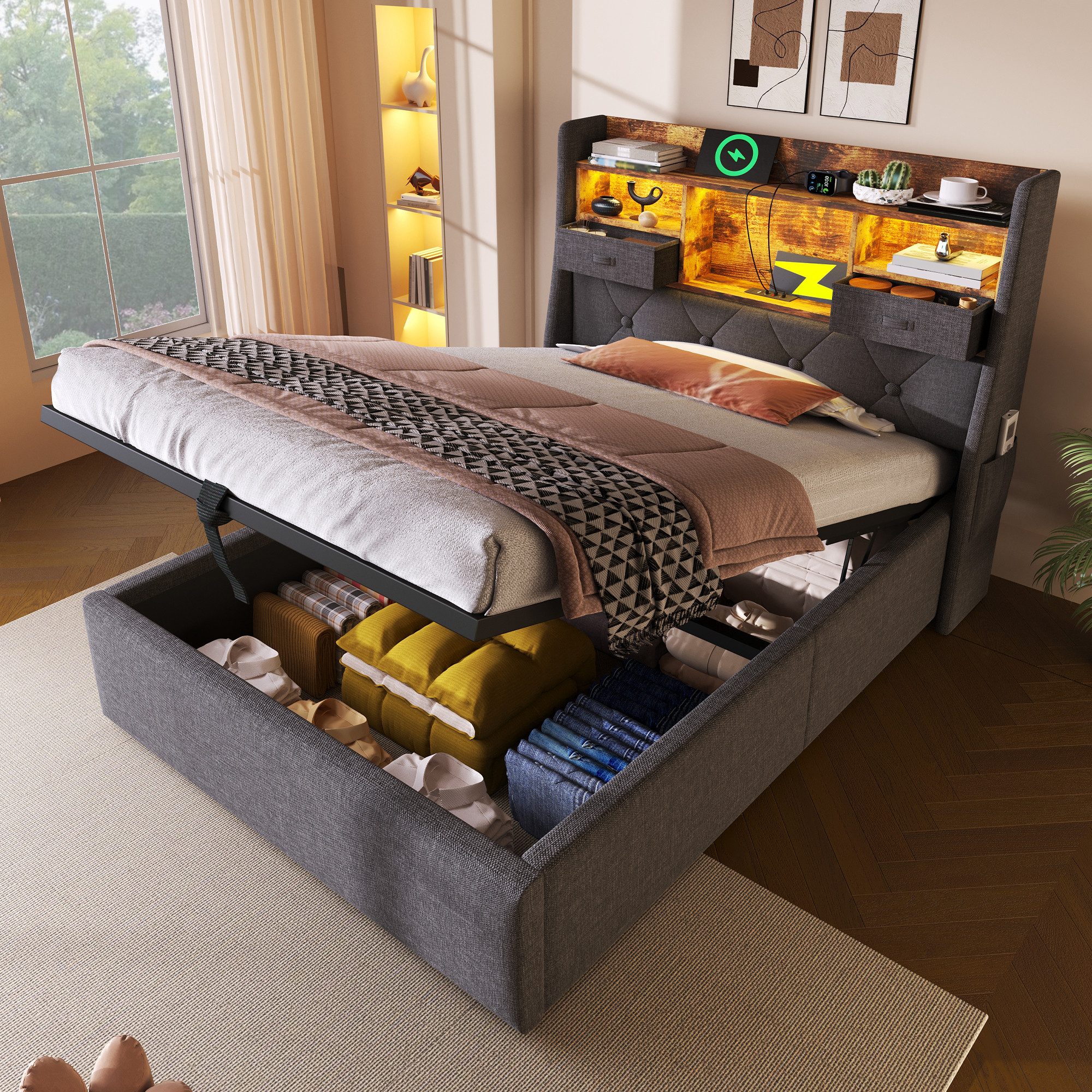 Odikalo Polsterbett Stauraumbett mit Bettkasten LED und Ladestation (90x200 günstig online kaufen