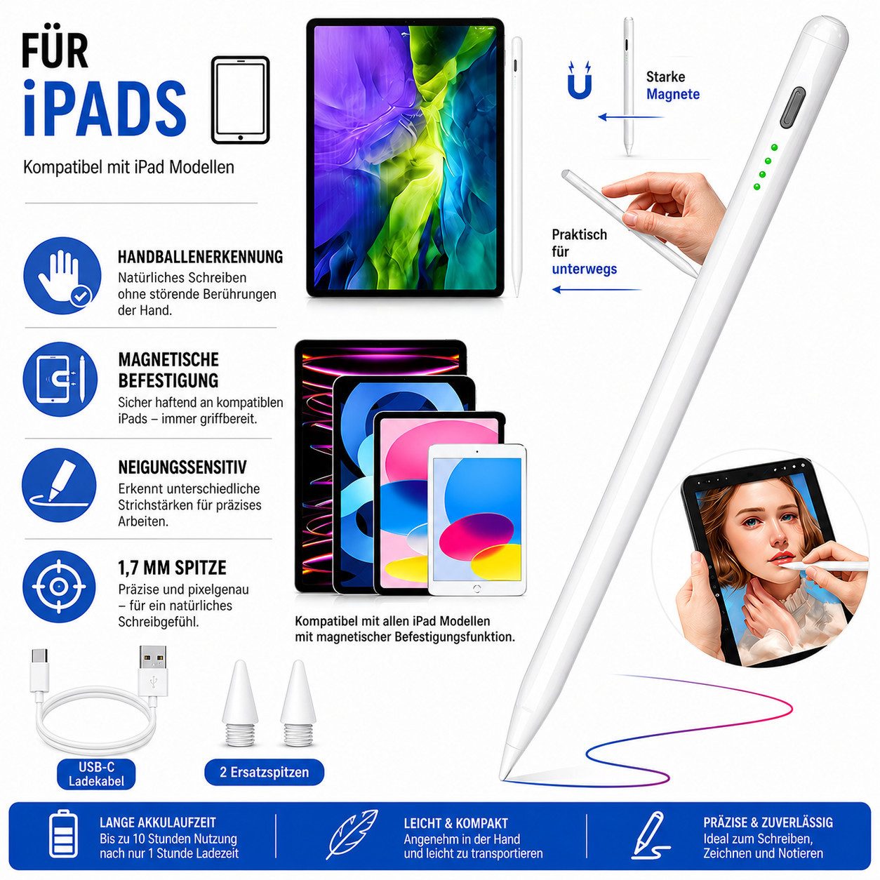 SpionProfi Eingabestift Stylus Stift für Apple iPad Tablet Touchscreen mit USB-C Schnellladung (1-St) Geeignet für Apple iPad 6, 7, 8, 9, 10, Mini, iPadPro Tablet
