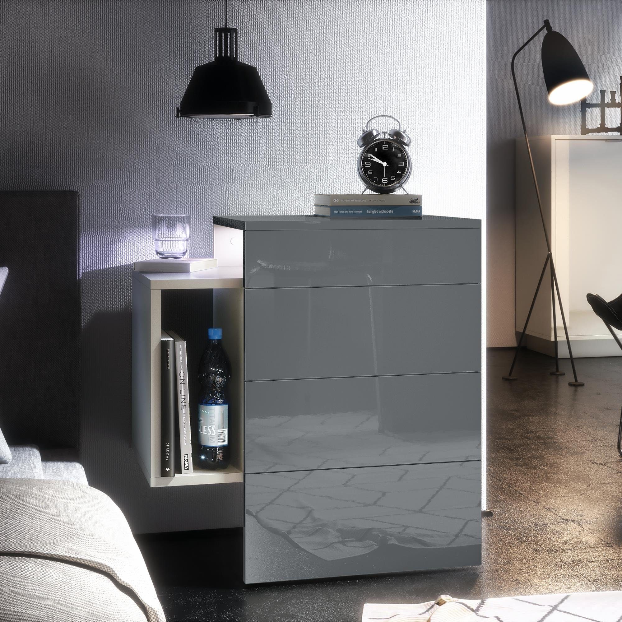 Vladon Nachttisch Queens (Nachttischschrank mit 2 Schubladen, und 1 seitlichem Fach zur Wandmontage), Weiß matt/Grau Hochglanz inkl. LED-Unterbaustrahler (60 x 63 x 36 cm)