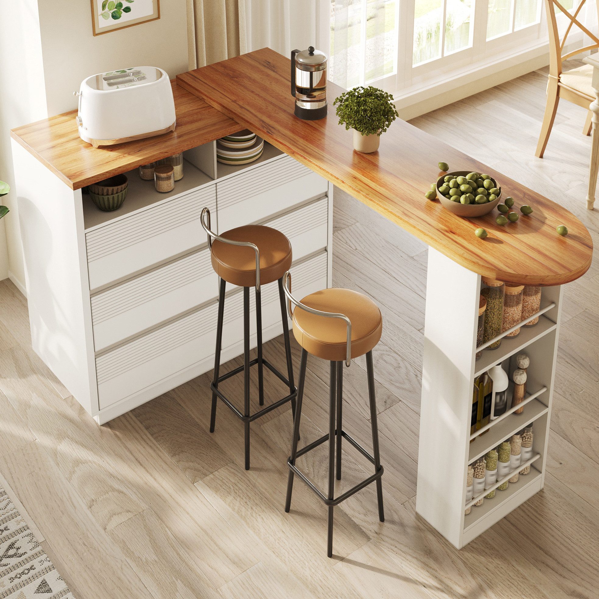 MODFU Bartisch für Wohnzimmer, Esszimmer & Homeoffice (mit Stauraum, Drehbarer Teleskoptisch mit 6 Schubladen & Rollen, 1-St., 137-215×39×102.3cm)