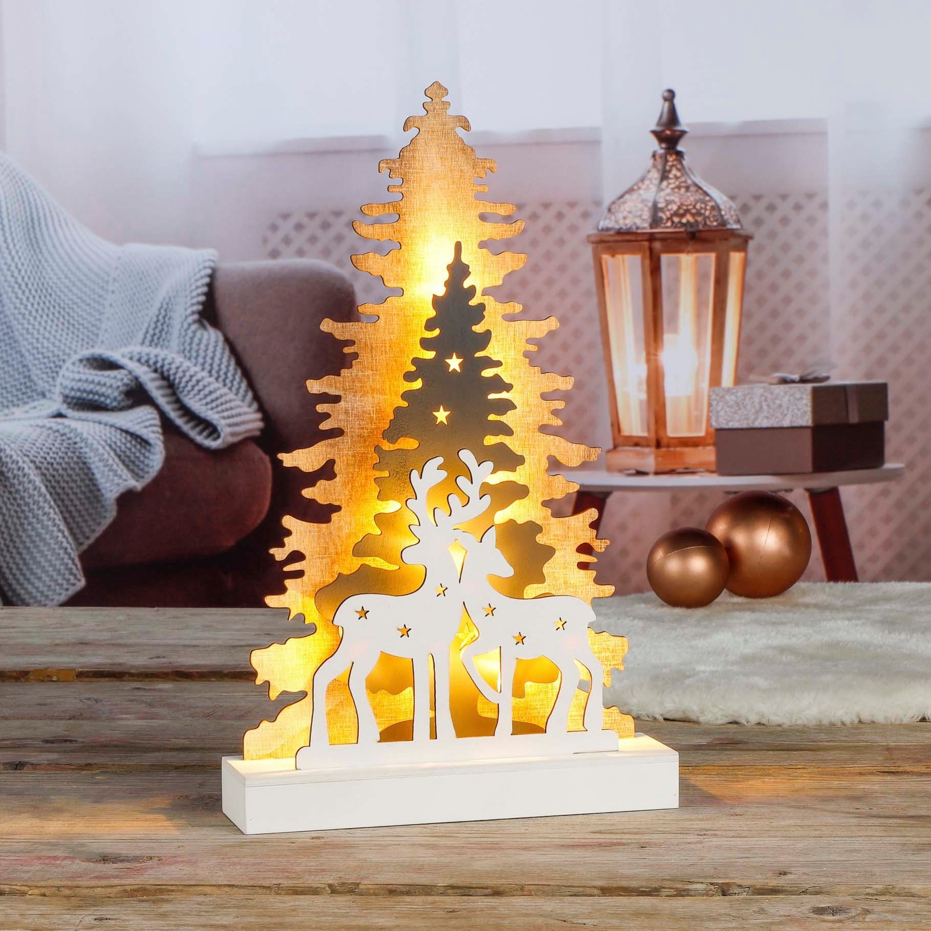 LED-Dekofigur Weihnachtsbaumsilhouette mit 12 LEDs aus Holz