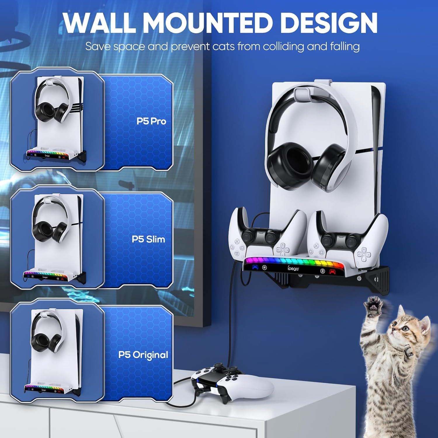Tenlamp Wandhalterung für alle PS5-Modelle Pro/Slim/Original mit Ladestation Controller (Set, 1 St., Controller-Ladegerät mit RGB-Licht, Headset-Halter & USB-Hub)