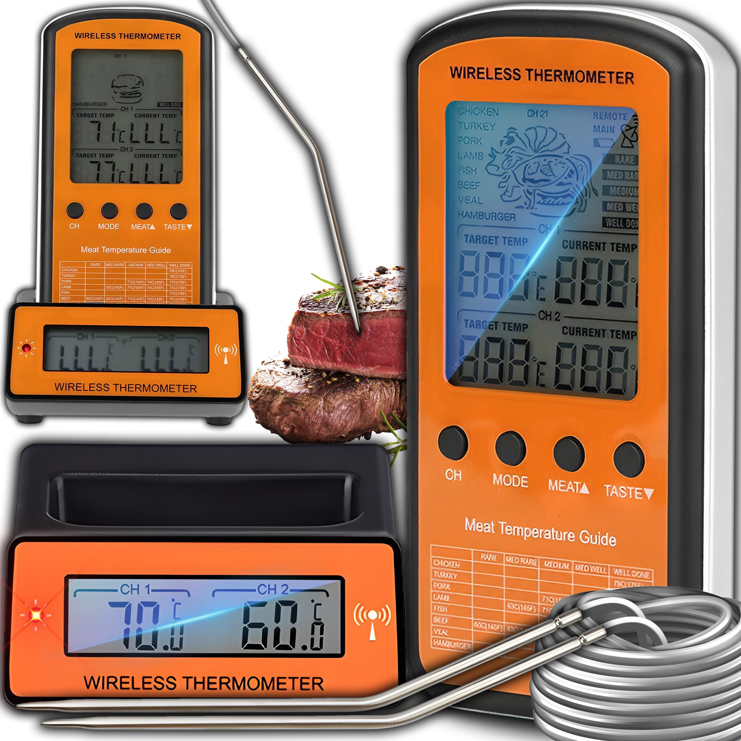 Retoo Grillthermometer Funk Grillthermometer 2 Sonden Braten Thermometer, Fleischthermometer, Set, Grillthermometer, 2x Elektroden, Ladestation, Präzise Temperaturmessung, Zeitersparnis, Vielseitigkeit, Mobilität
