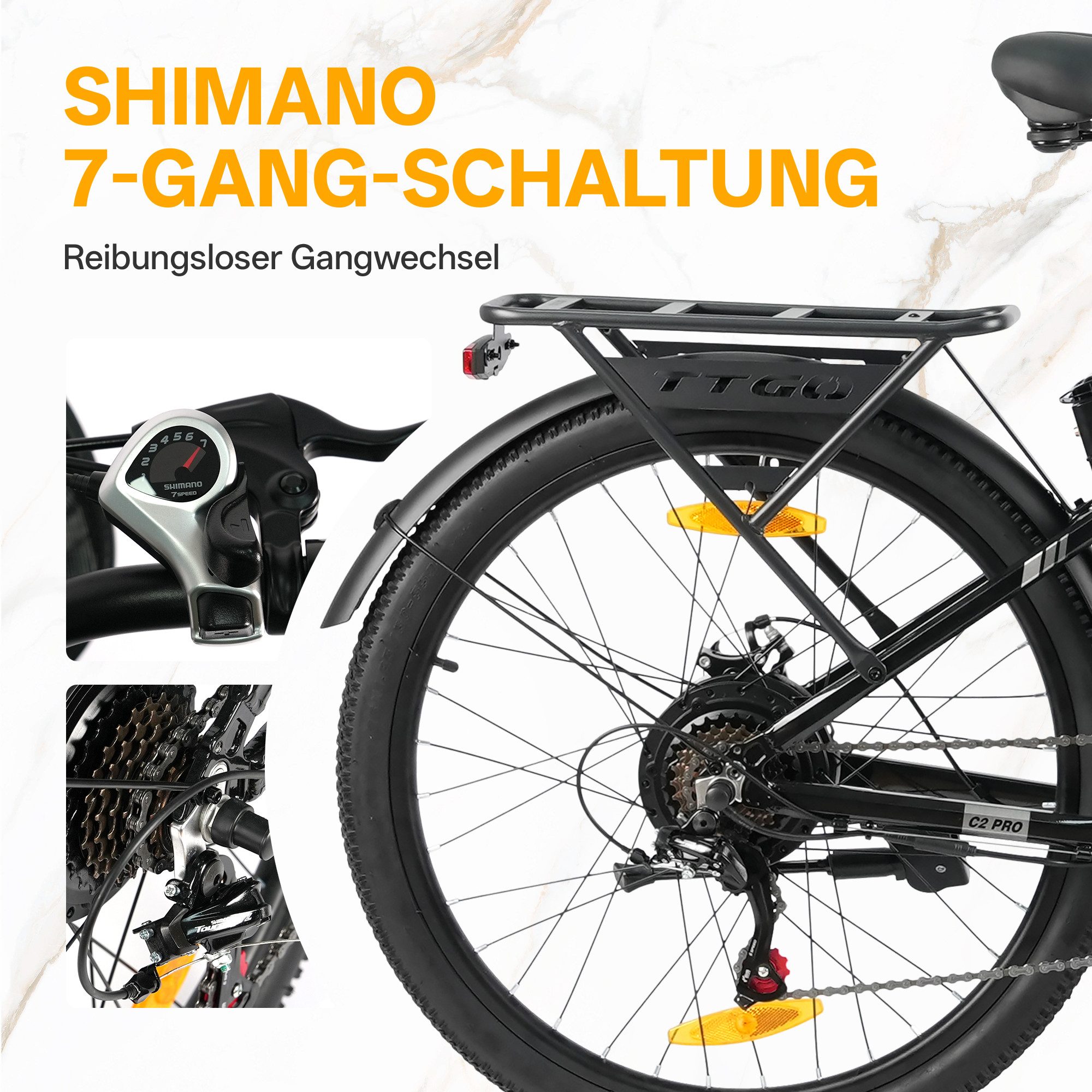 TTGO E-Bike Cityrad 26/28 Zoll, 80-120km, C2/C3, Elektrofahrrad für Damen und Herren, 7 Gang SHIMANO, Kettenschaltung, Heckmotor, 648 Wh, (5 Stufen, Pedelec, bi – Bild 5 von 5