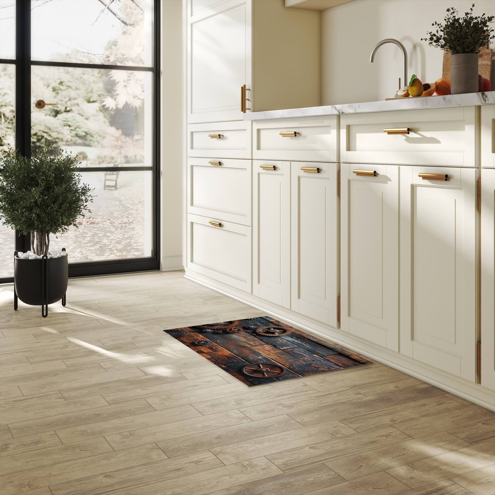 Primedeco Küchenläufer Küchenteppich Zahnräder auf Holz, Rechteckig, Höhe: 3 mm, rutschfest, waschbar & pflegeleicht – Bild 3 von 5