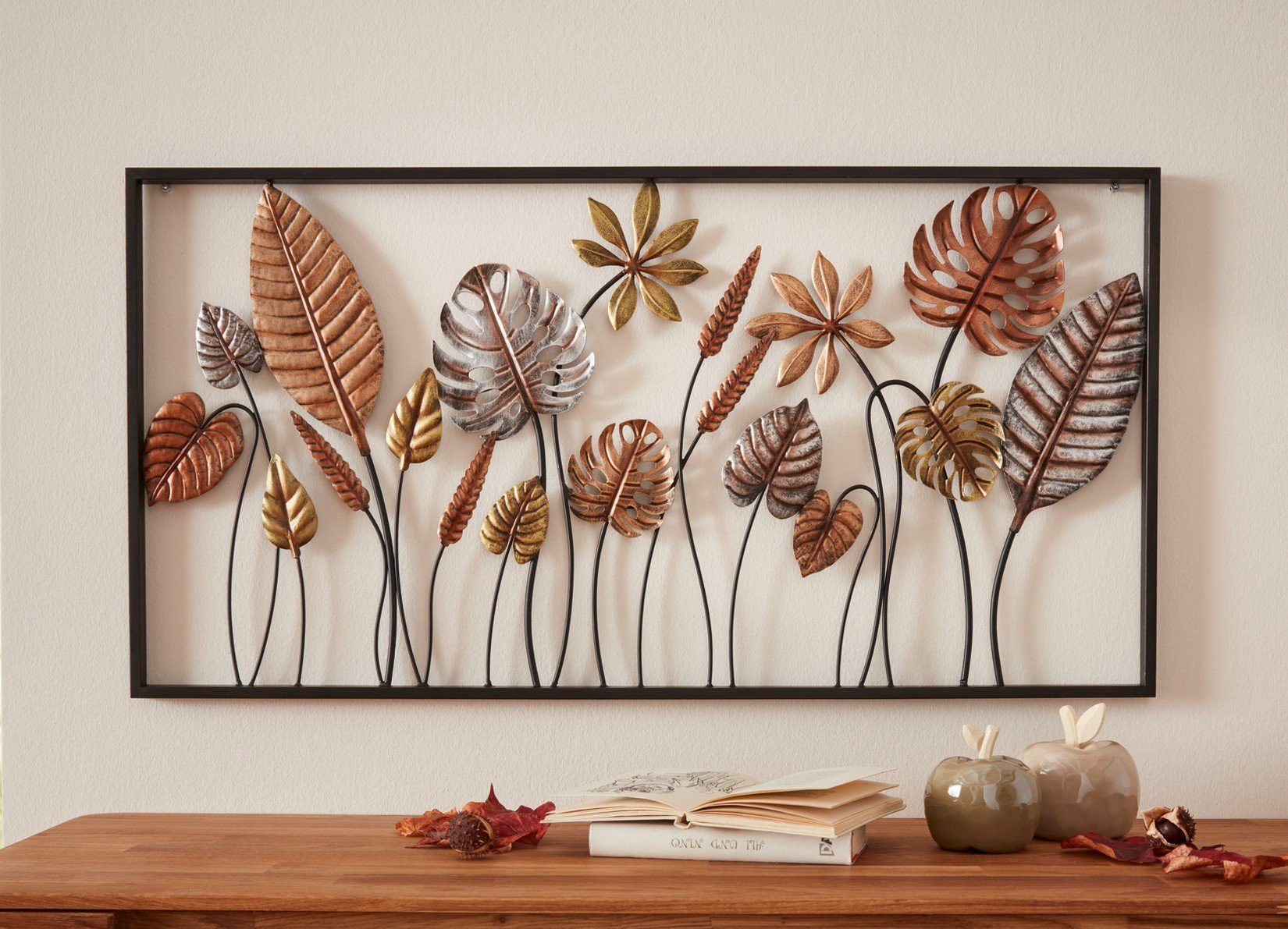 Dekoleidenschaft St) Blätter Wandschmuck, Metall, (1 90x45 cm, Wanddeko, Optik, "Blätter" 3D in aus Wandbild