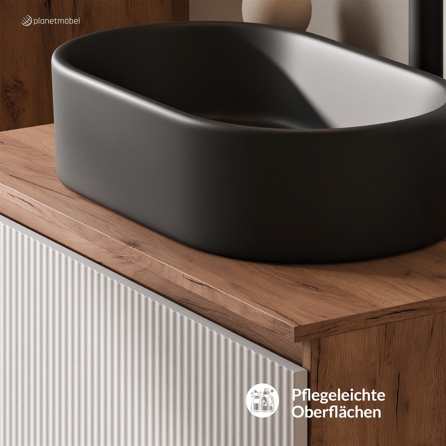 Planetmöbel Waschtisch-Set Arisa 2 teilig, Waschtisch mit Unterschrank 80 cm, Waschbecken 55 cm, (Waschtischunterschrank hängend für Gäste WC & Bad, weiß geriffelt, 2-St., Badmöbel Set mit Waschbecken 55 cm schwarz), Schublade mit Soft-Close Funktion