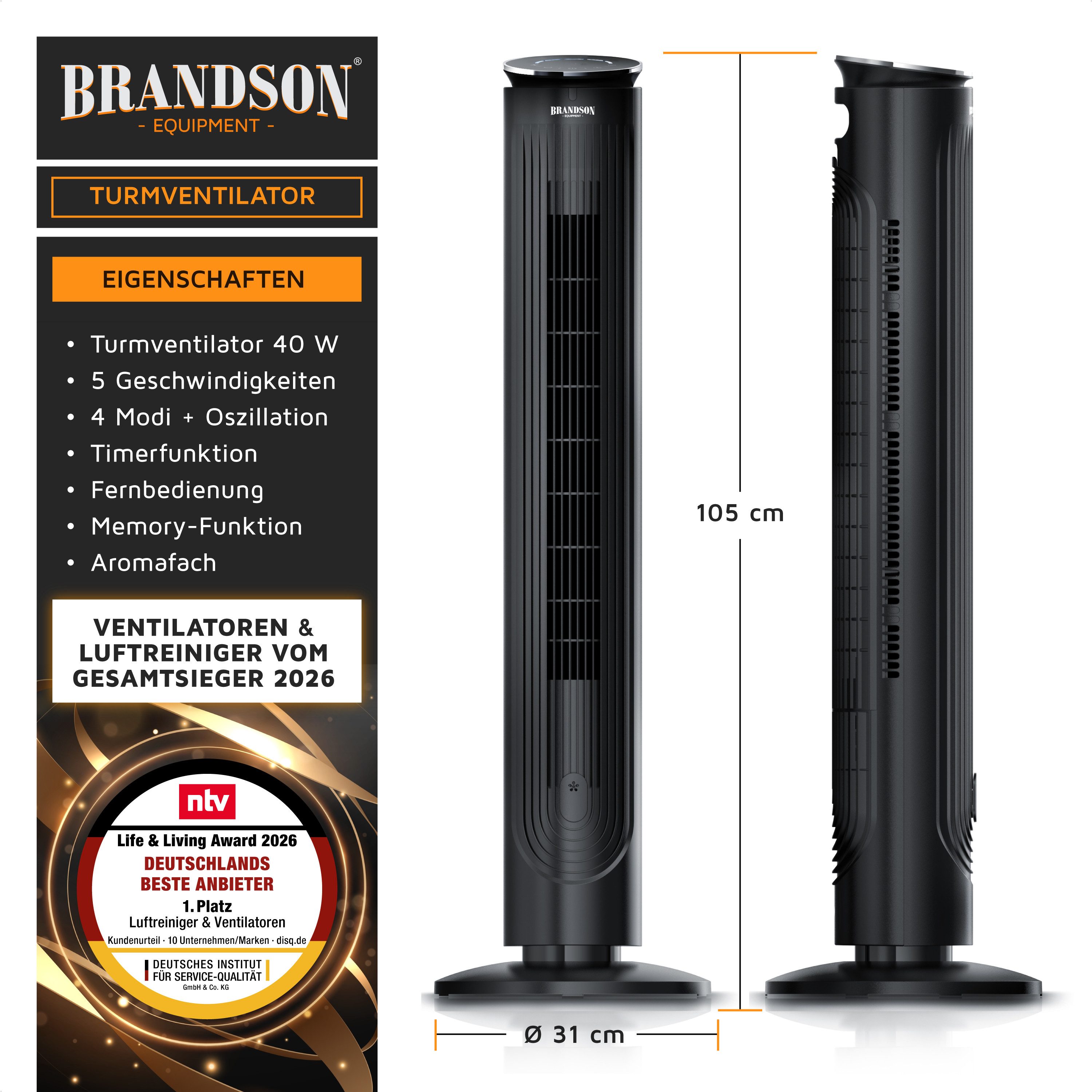Brandson Turmventilator mit Fernbedienung, dank Aromafach als Diffusor verwendbar, 40 Watt, NTV Sieger 2026, Oszillation, 3 Modi, Timer, leise, Standventilator