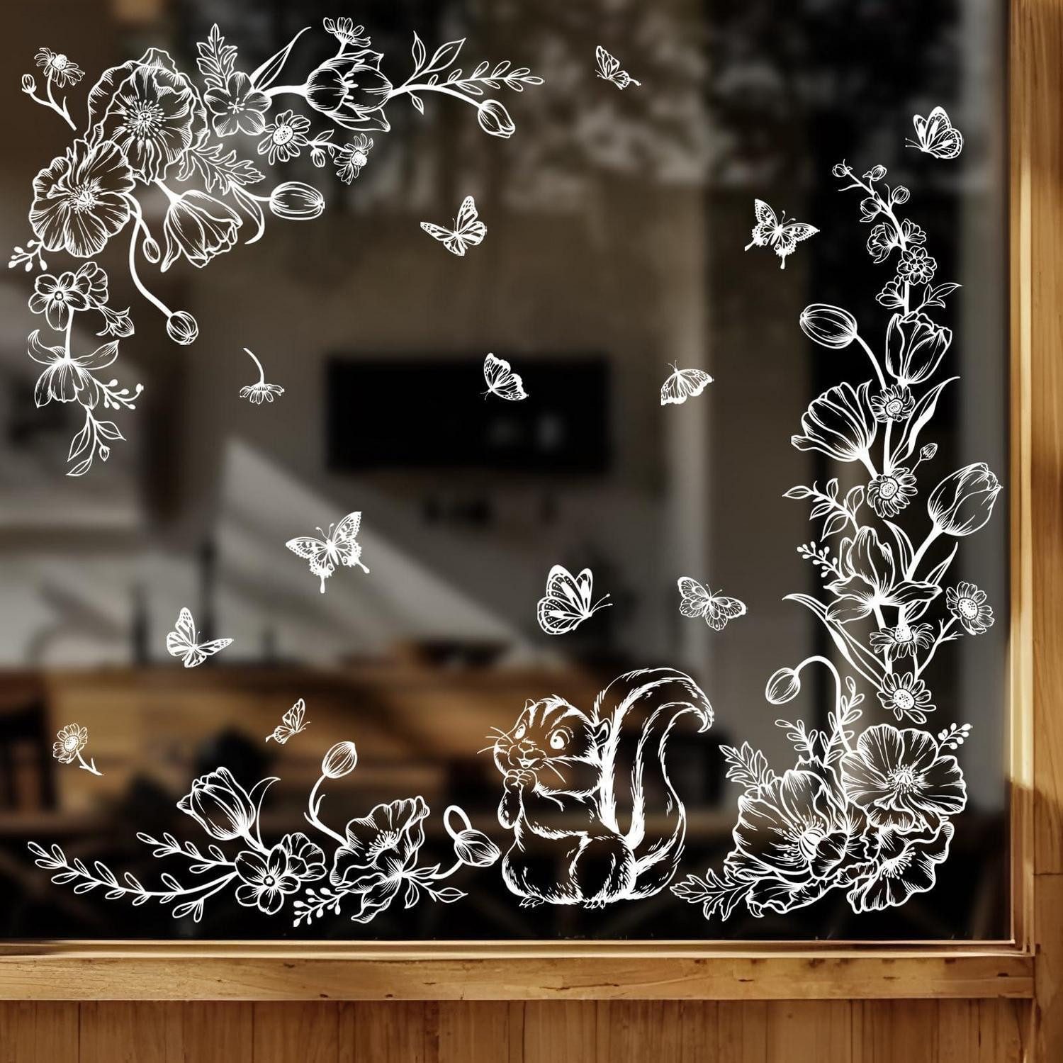 LuxusKollektion Fensterbild Fensterbilder Weiße Blumen Schmetterling Eichhörnchen
