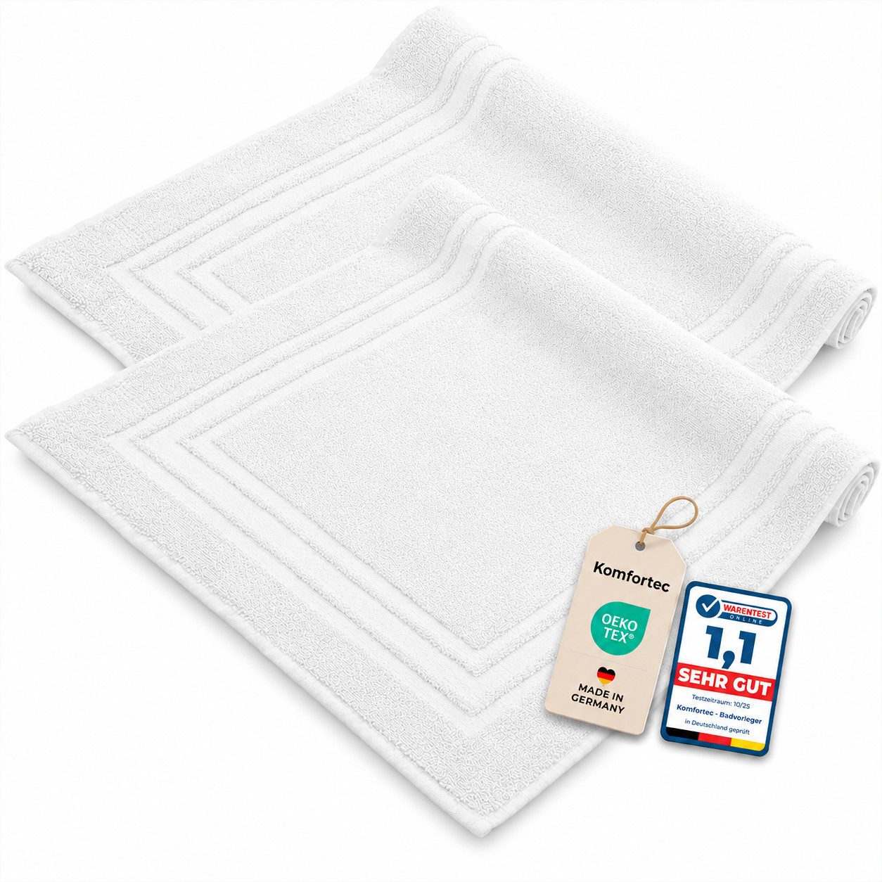 Komfortec Badematte 2er Badetuch Set aus 100% Baumwolle 50x70 cm Extra Weich & Saugstark, Rechteckig, 600 g/m²