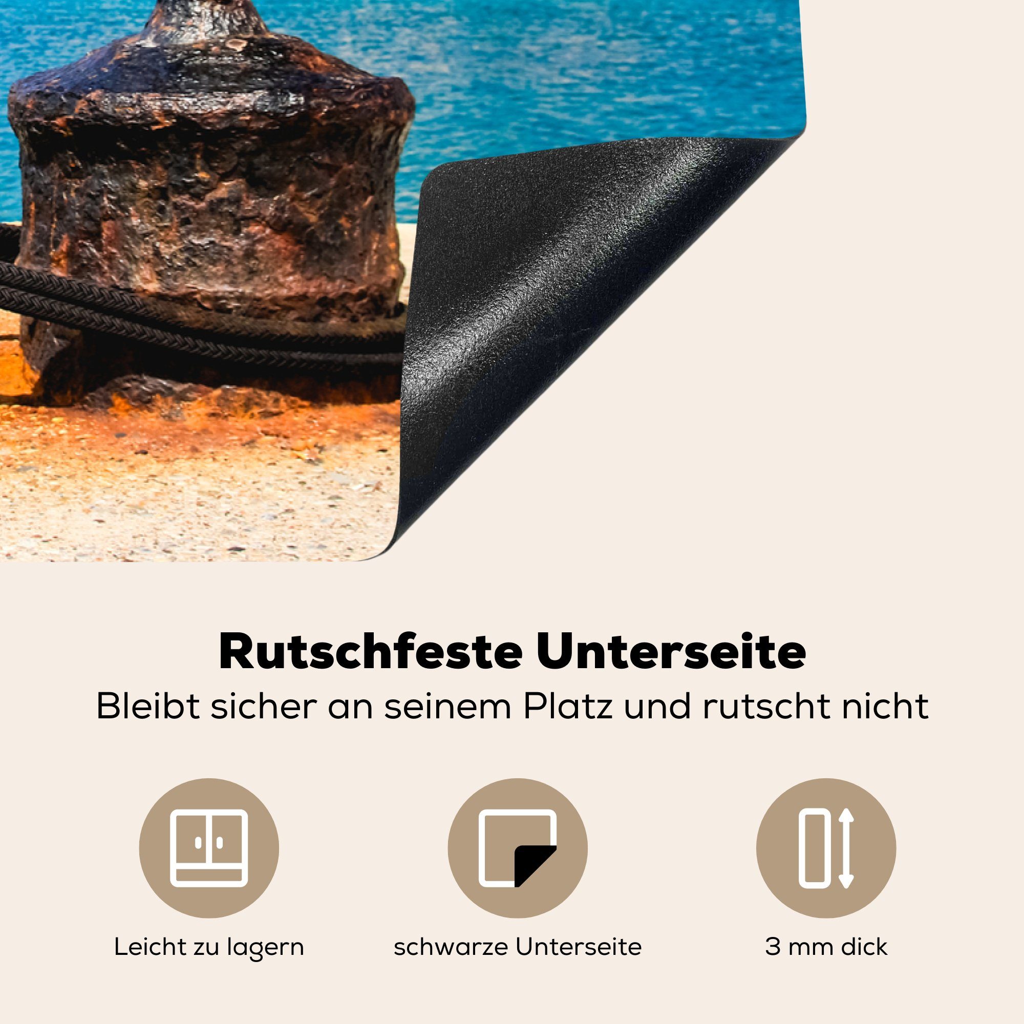 Rhodos, in tlg), küche, cm, für Wasser Ceranfeldabdeckung im von Schutz Vinyl, blaues (1 der die Herdblende-/Abdeckplatte 81x52 Induktionskochfeld MuchoWow Schönes Meer Altstadt