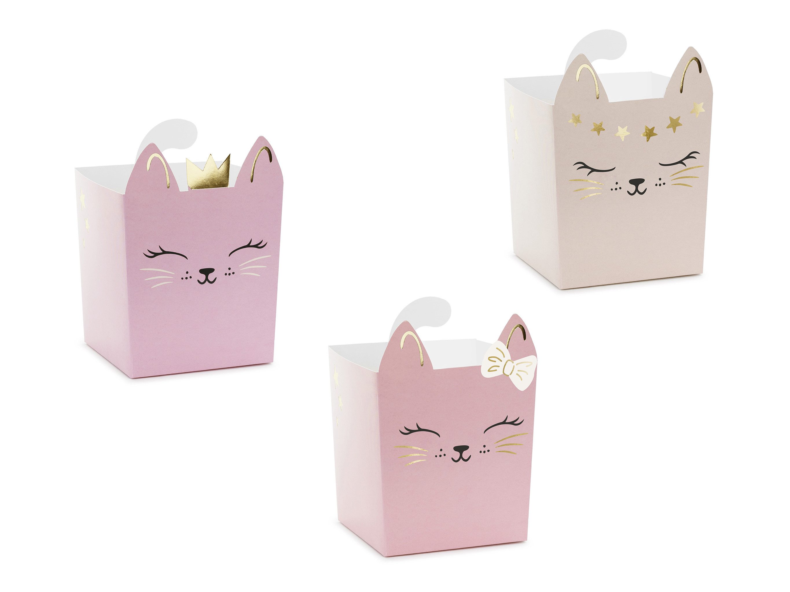 partydeco Einweggeschirr-Set, Papier, Snackbox Kinder 14x10cm Katzen Motiv 3er Set Hellrosa / Rosa von partydeco