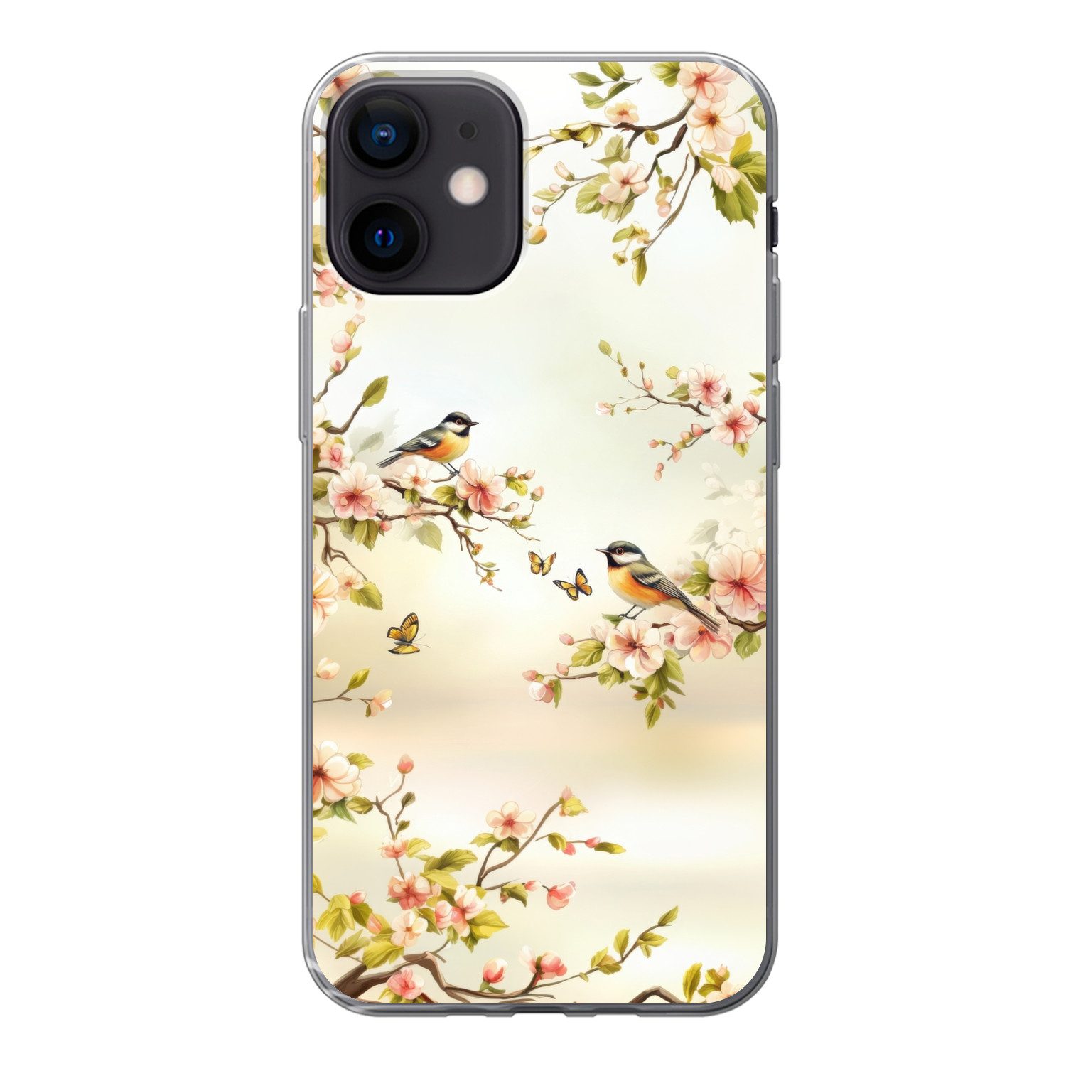 MuchoWow Handyhülle für Apple iPhone 12 Äste - Blumen - Vögel - Rosa, Smartphone-Bumper, Print, Handy Schutzhülle Dünn