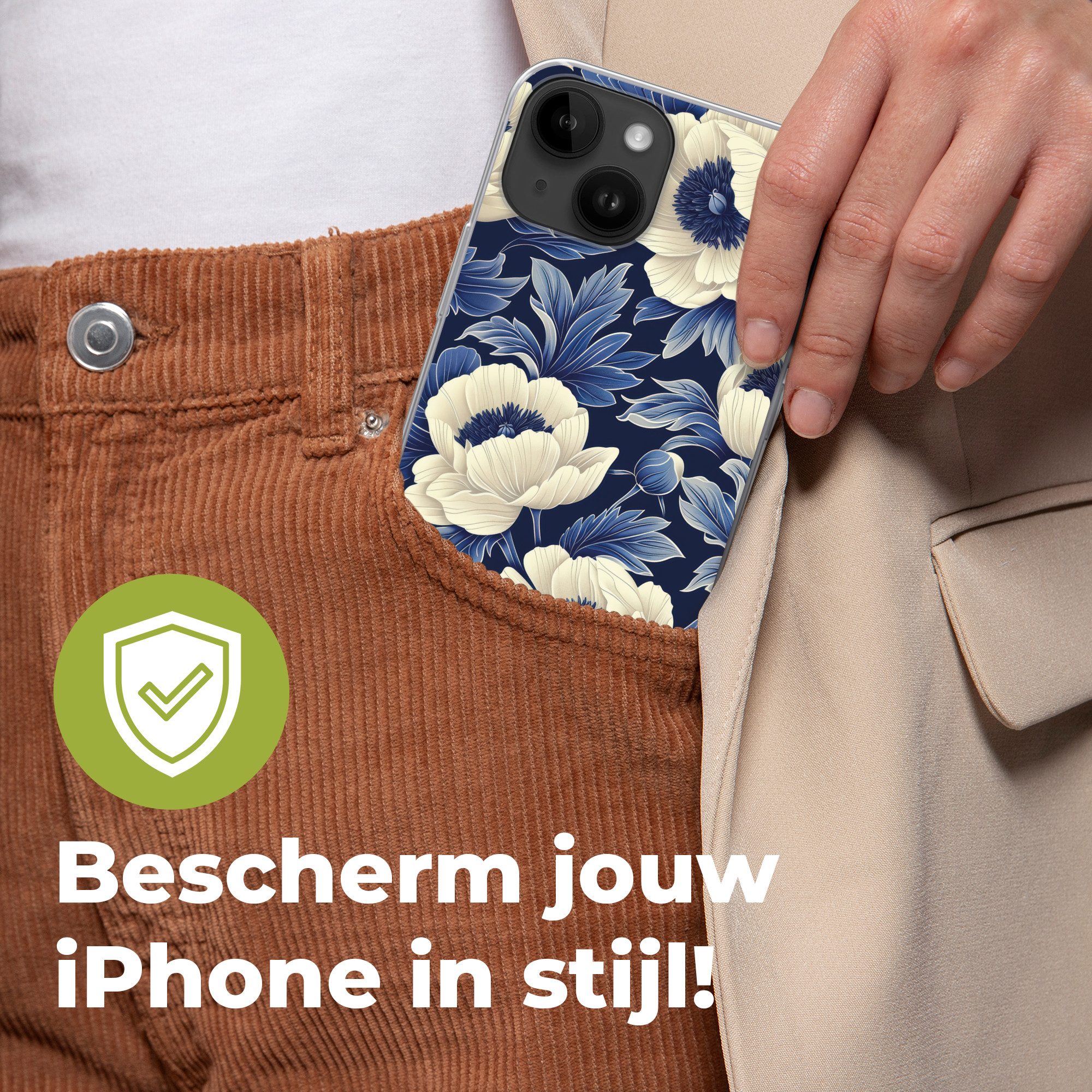 MuchoWow Handyhülle für Apple iPhone 14 Blumen - Muster - Blau - Weiß, Smartphone-Bumper, Print, Handy Schutzhülle Dünn