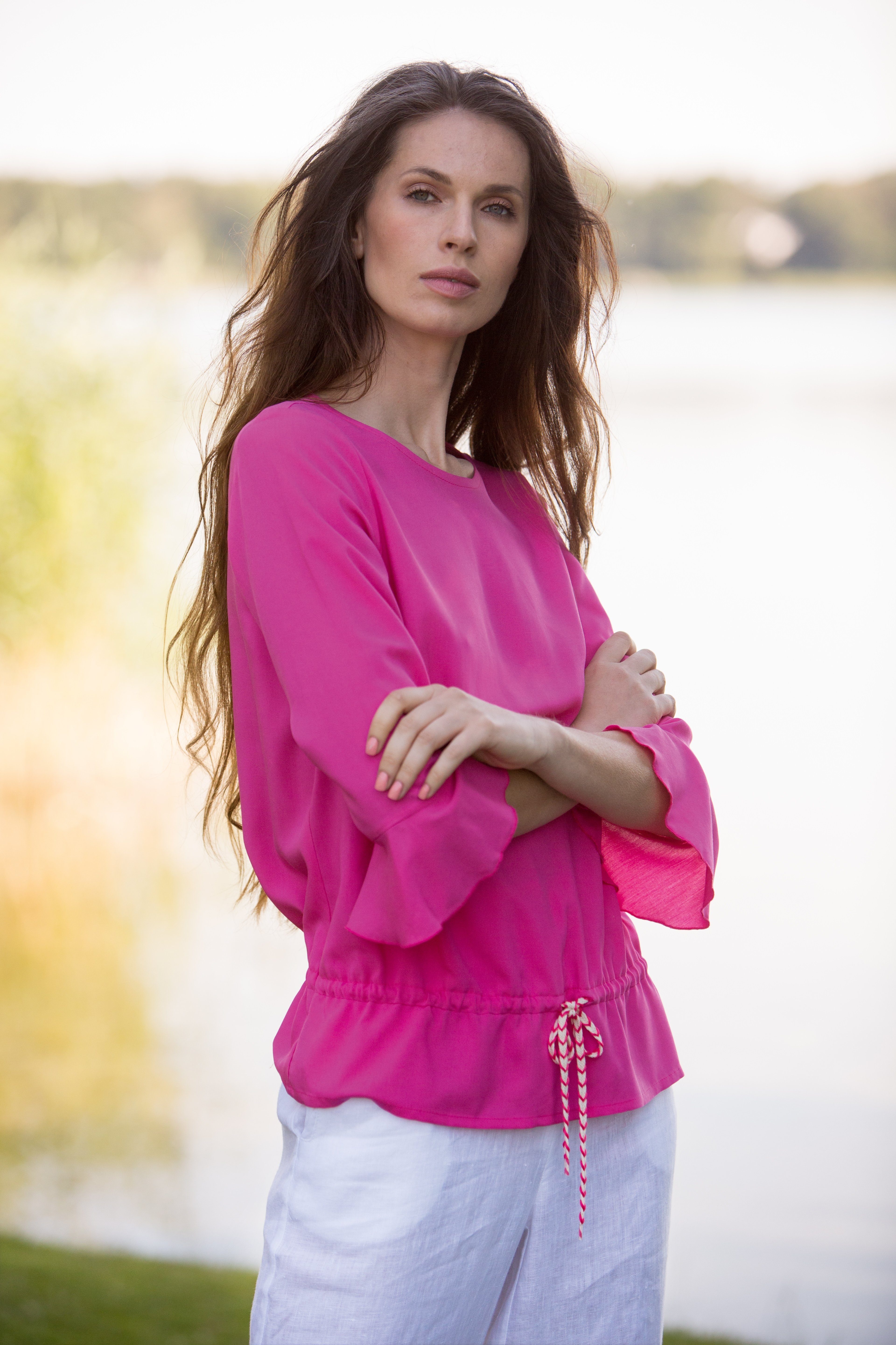 Langarmbluse Viskosebluse mit Bindeband in sommerlichem Pinkton