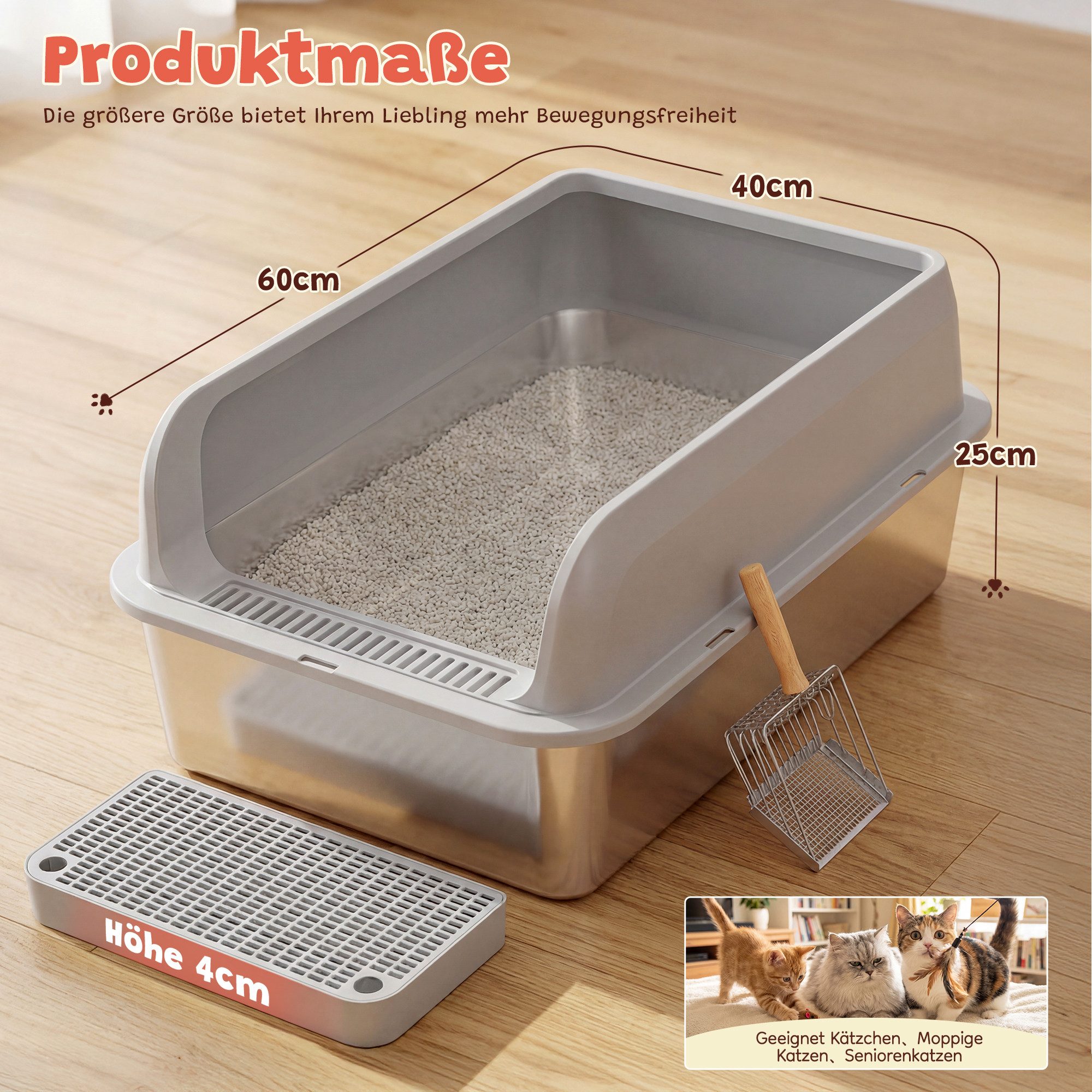 Klyvvo Katzentoilette Edelstahl, Katzentoilette Groß XL mit Metall Schaufel, 50L Katzenklo mit Abnehmbares Hoher Rand
