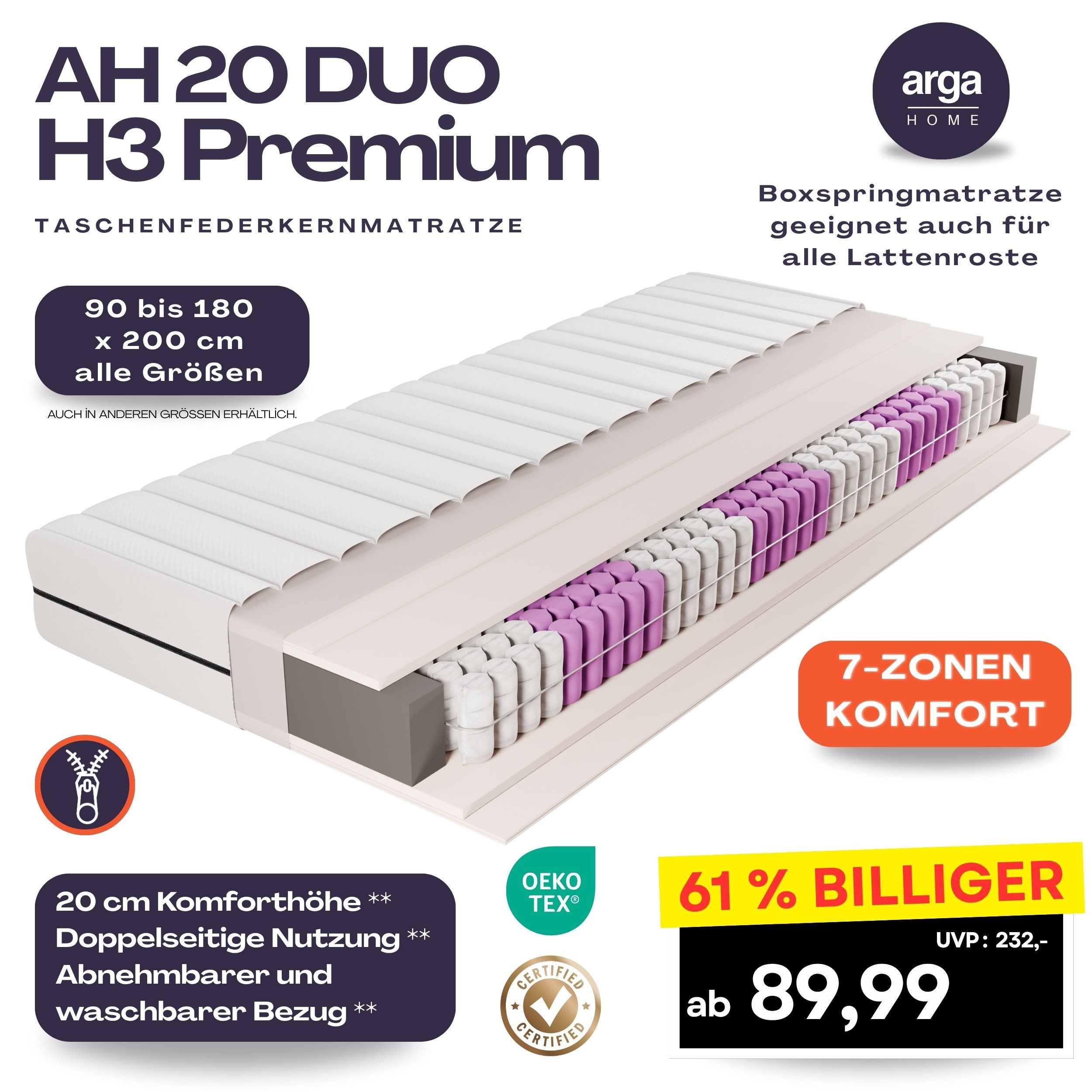 Boxspringmatratze AH20 Ergonomische 7-Zonen Federkernmatratze Höhe günstig online kaufen