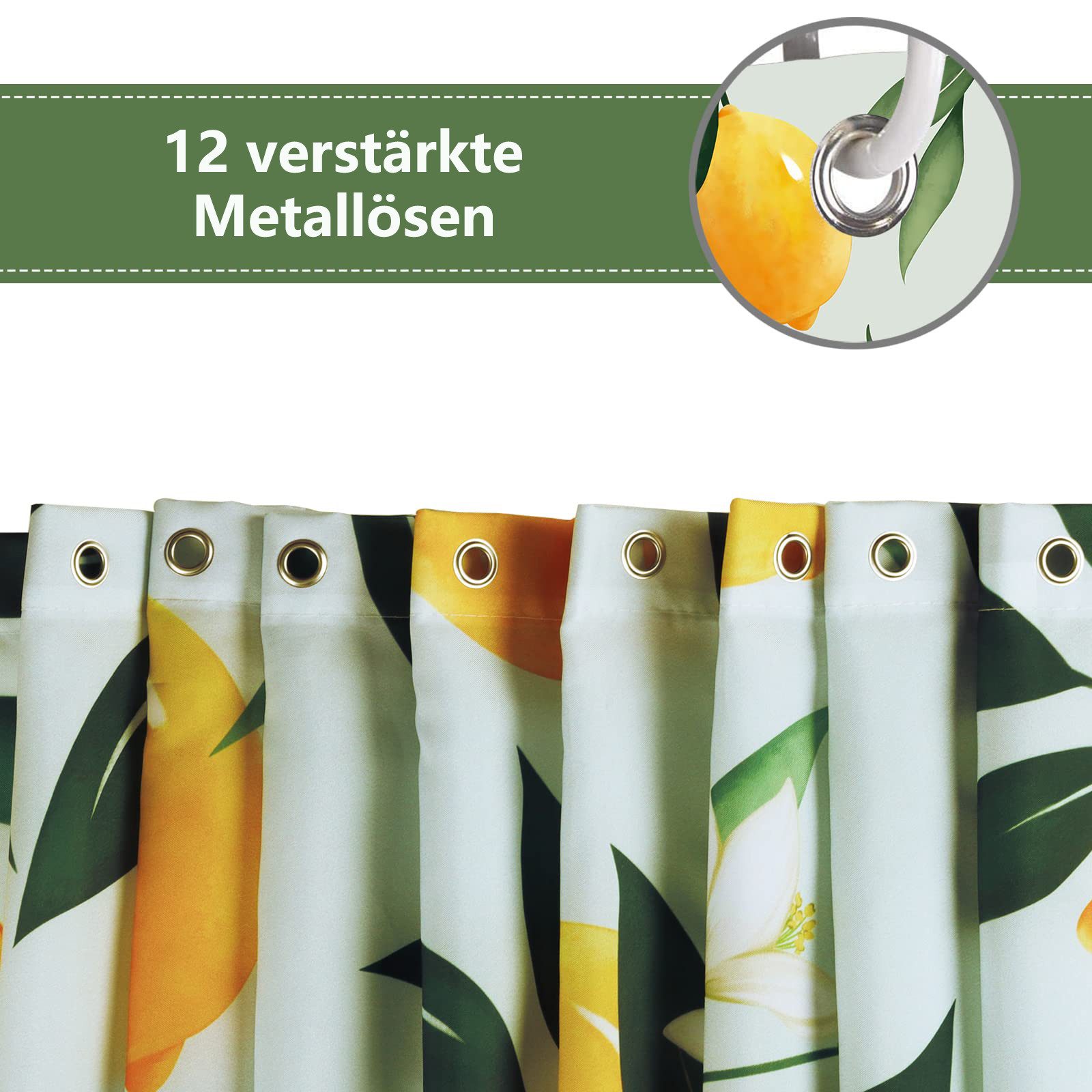 FOUORTUNATE-BEE Duschvorhang Zitronen Grüne Blätter Duschvorhänge Anti-Schimmel Wasserdicht (180 x 180 cm Polyester Stoff Waschbar Vorhäng für Badzimmer mit 12  – Bild 4 von 5