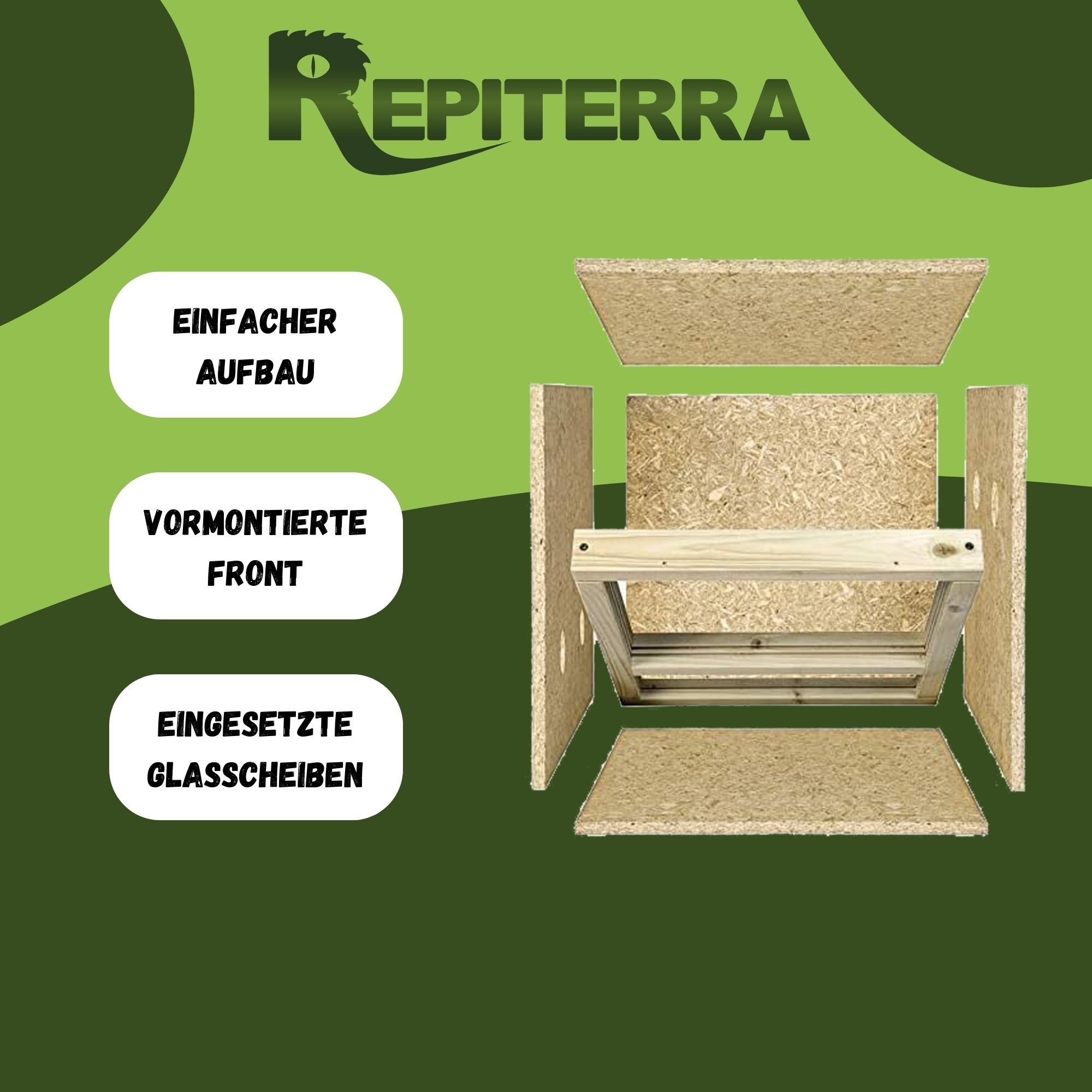 Repiterra Terrarium Holzterrarium mit Glasfront mit Seitenbelüftung 40x40x40 cm hochwertig, inklusive Thermo-Hygrometer - sehr gute Wärmeisolierung