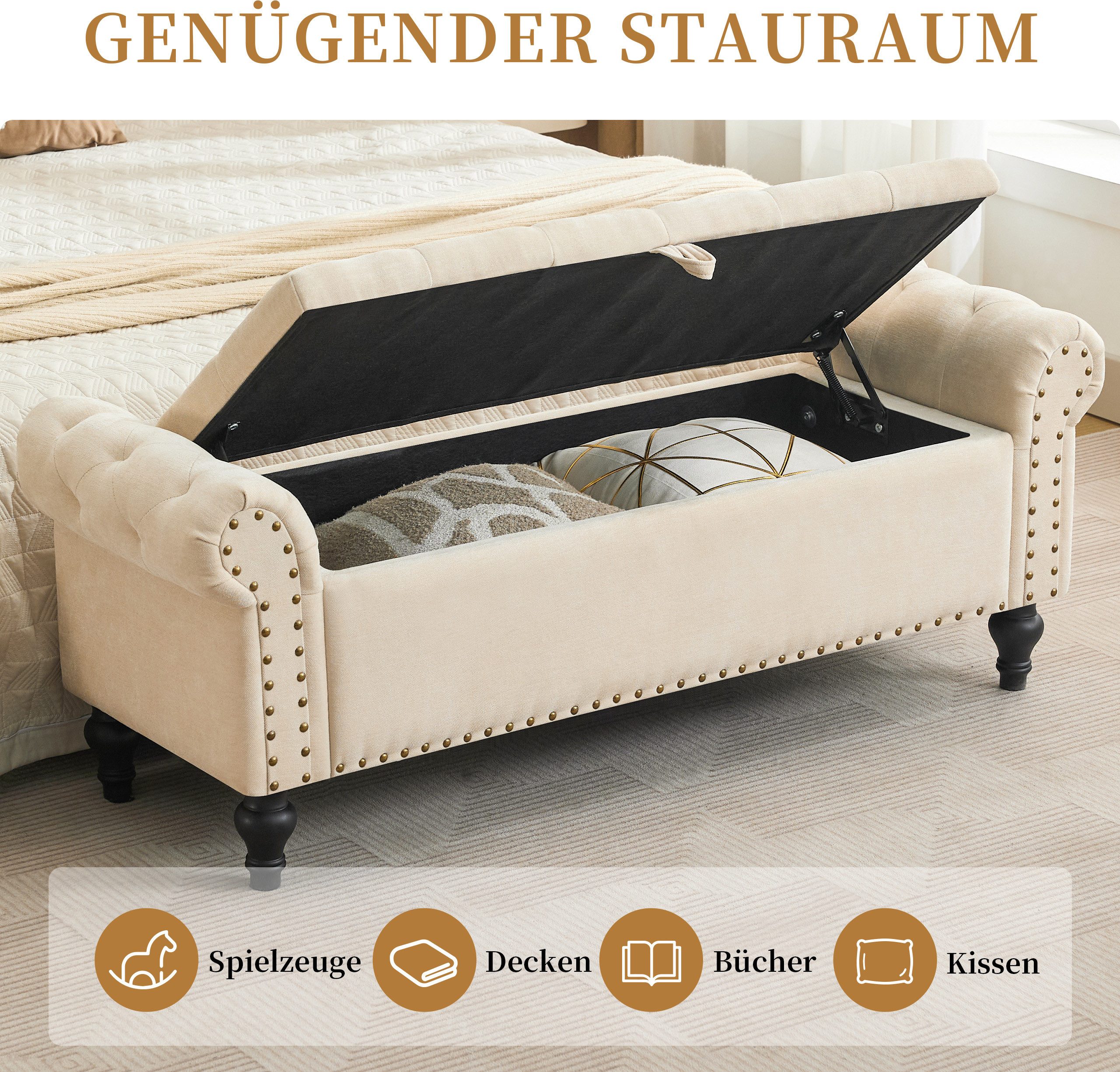 Howjoe Sitzbank Mit Stauraum, Belastbar Bis 136 Kg, Aufbewahrungsbox -130*44.5*51cm (1-St), Sitzbox, Polsterhocker Für Wohnzimmer Schlafzimmer Flur