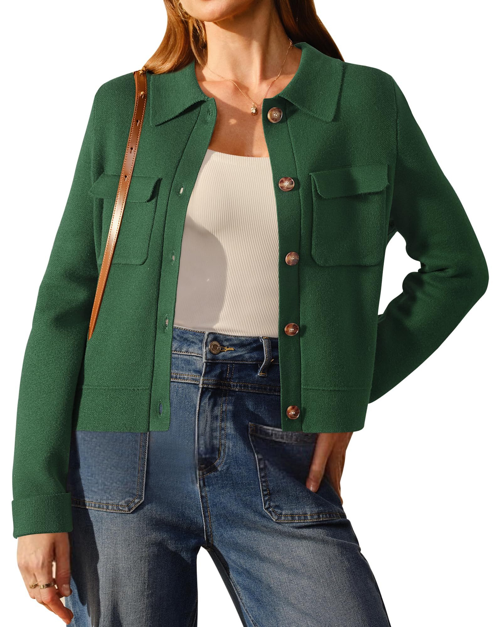 Arach&Cloz Jackett Arach&Cloz Damen Wollmischung Button Down Kurzjacke Jerseysakko Herbstmode Strickjacke Revers Blusenblazer lange Ärmel Wollpullover