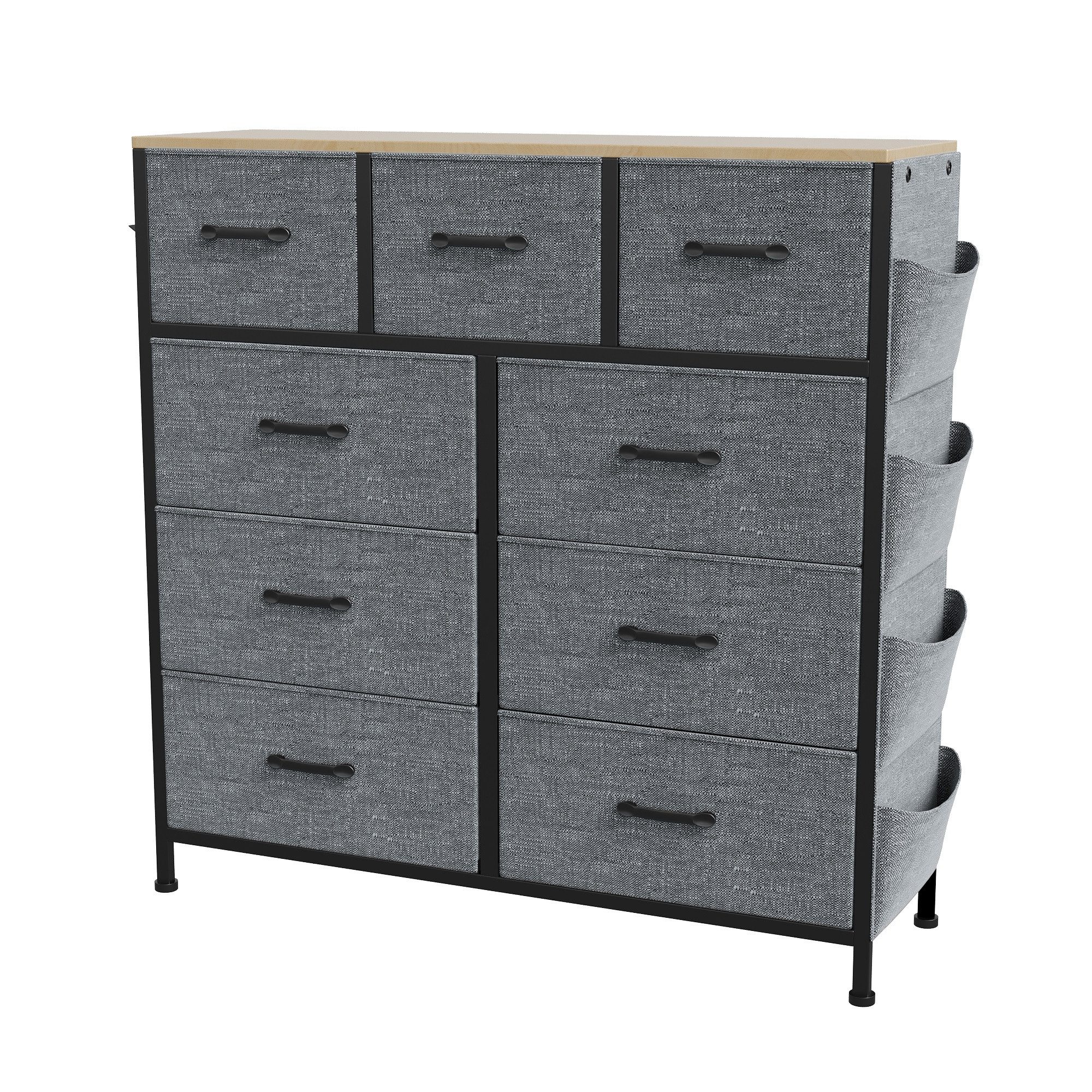zebery Kommode mit 9 Stoffschubladen (Set, 1 St., Schubladenschrank mit Griffe und Seitentaschen, Metallgestell), für Schlafzimmer, Wohnzimmer, Flur, Grau, 100 x 30 x 100cm