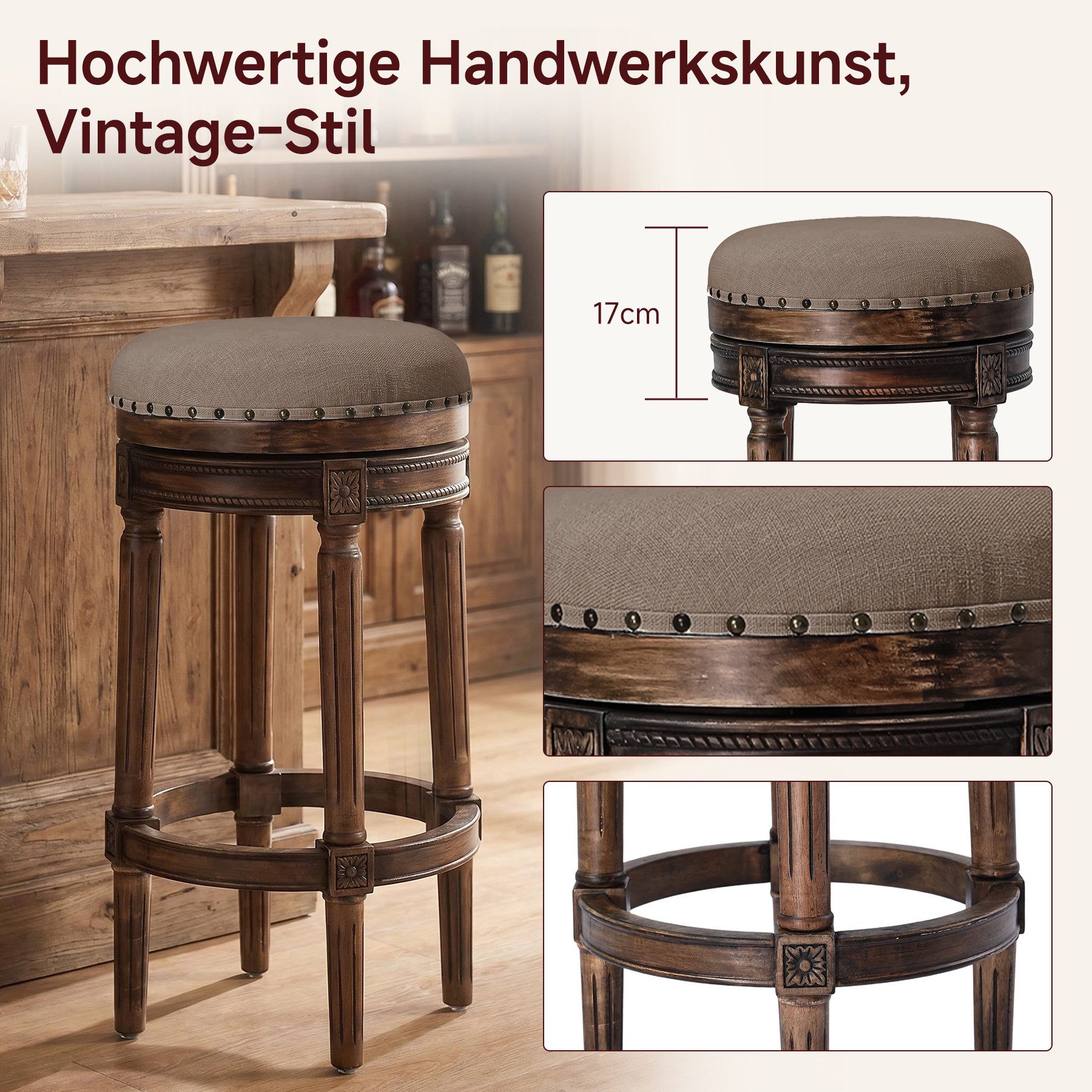HomeMiYN Barhocker L38 CM Rund Schaumstoff-Sitz Retro Holz Barstühle/Sitzhocker (2 St), Barhocker Holz im Vintage Design, gepolsterter Sitz, für Küche & Bar – Bild 5 von 5