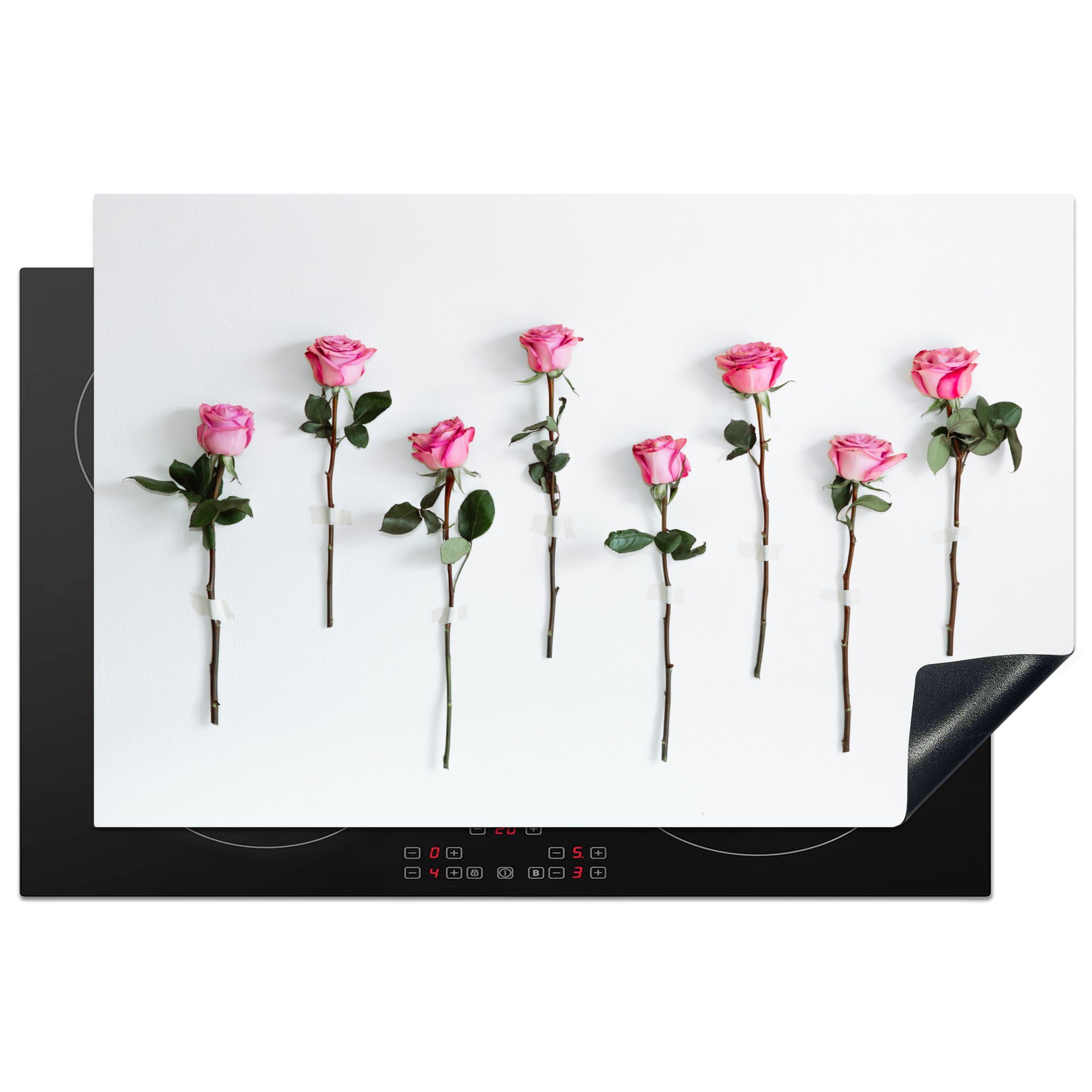 Rosen Herdblende-/Abdeckplatte die küche, auf Schutz für Hintergrund, weißem 81x52 cm, (1 MuchoWow Rosa Ceranfeldabdeckung Induktionskochfeld tlg), Vinyl,