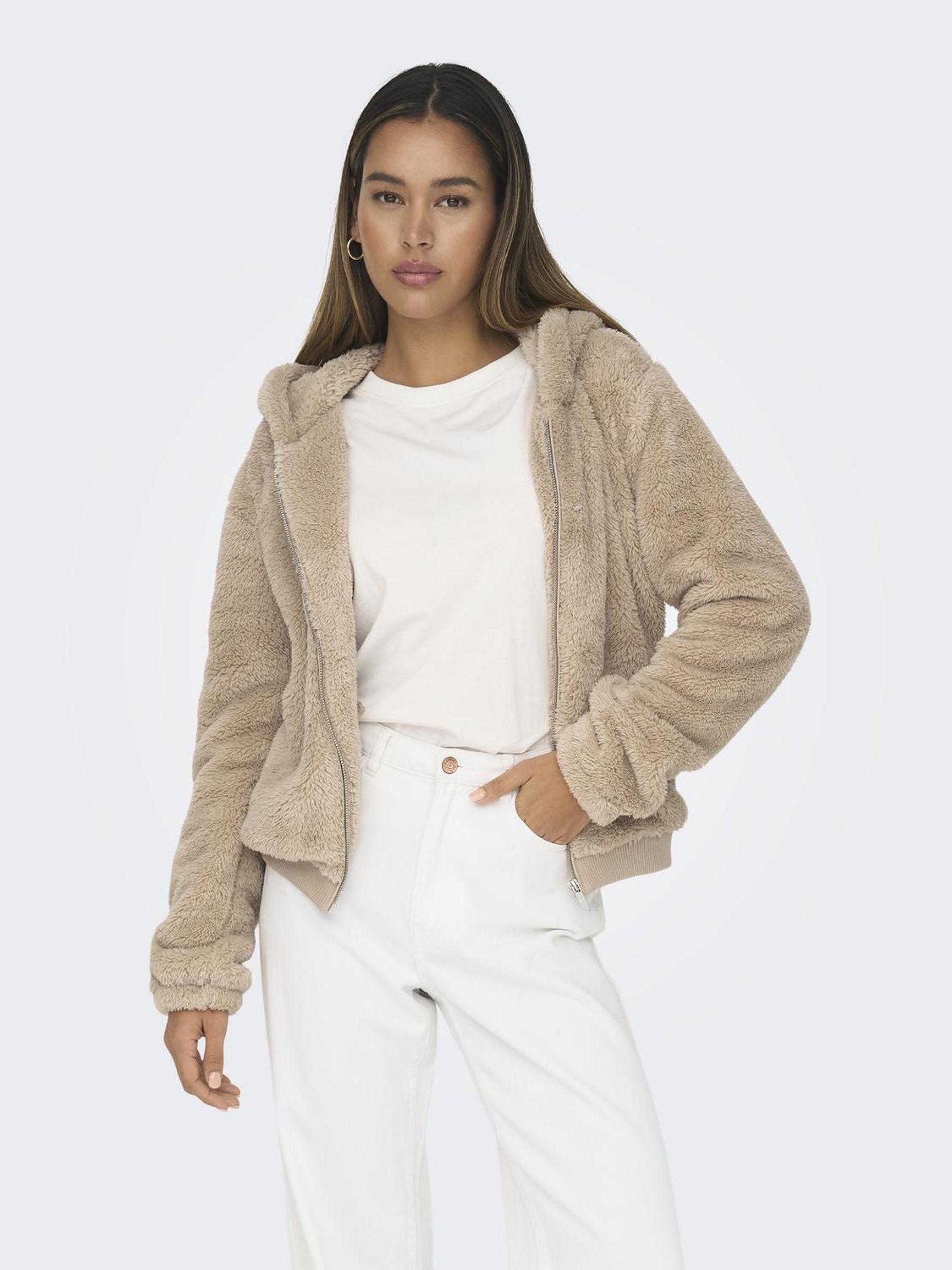 ONLY Blouson Teddyfell Kapuze Kurz Reißverschluss günstig online kaufen