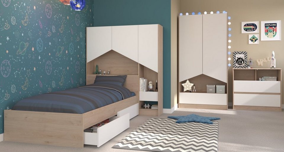 Parisot Jugendzimmer-Set Shelter, (Kinderzimmer Komplett-Set 6-teilig, weiß  und Eiche), mit viel Stauraum
