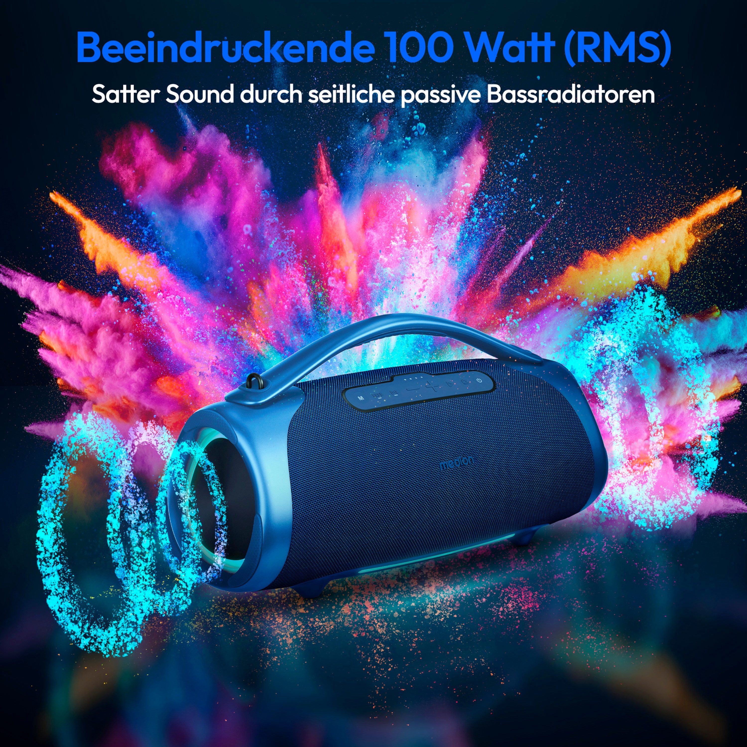 Medion® LIFE® P61768 (MD43768) XL Bluetooth-Lautsprecher (A2DP Bluetooth, AVRCP Bluetooth, Bluetooth, 100 W, tragbar, Akku, Bass Boost, Musikbox, RGB, IPX7, Powerbank, Blau)