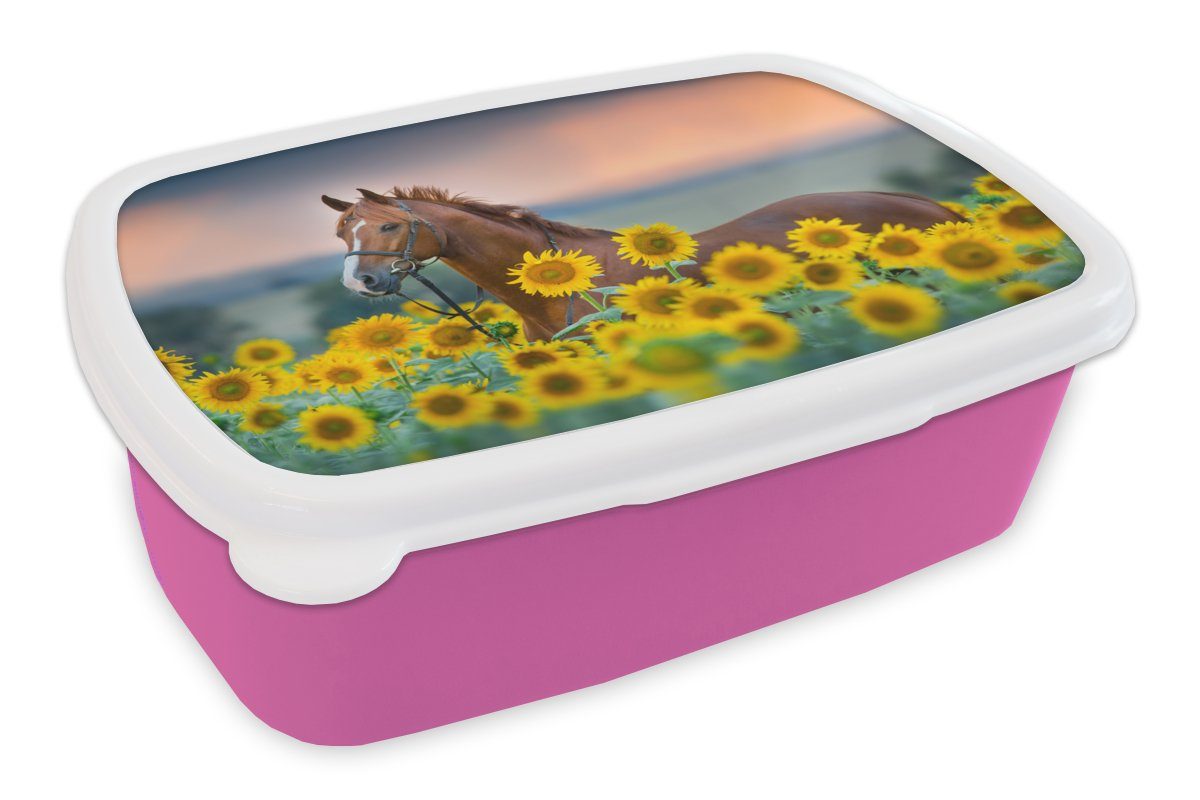 MuchoWow Lunchbox Pferd - Sonnenblume - Himmel - Pastell, Kunststoff, (2-tlg), Brotbox für Erwachsene, Brotdose Kinder, Snackbox, Mädchen, Kunststoff rosa