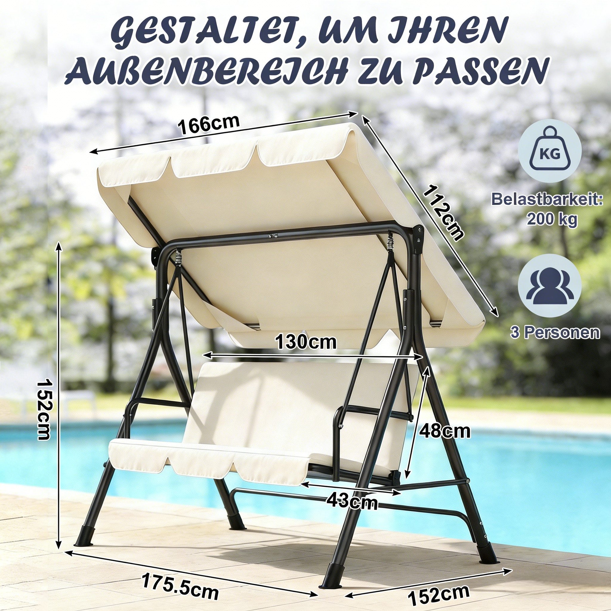 Huracan Hollywoodschaukel Schaukelbank mit Verstellbarem Sonnendach, 3-Sitzer, 175.5*110*152cm, bis 200 kg Tragfähigkeit, Ideal für Garten & Balkon