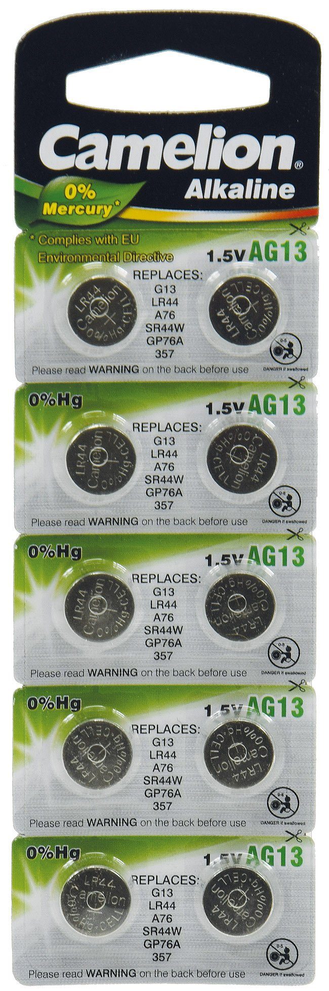 Camelion Alkaline Knopfzellen AG13 Typ LR44, 1,5V, 11,6x5,4mm (10er-Blister) Knopfzelle