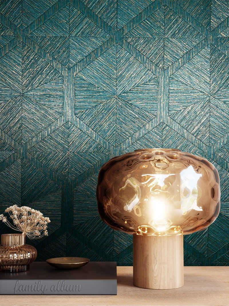 Newroom Vliestapete, Blau Tapete Grafisch Hexagon - Uni Einfarbig Türkis Gold Glamour Modern Sechseck Struktur für Wohnzimmer Schlafzimmer Flur