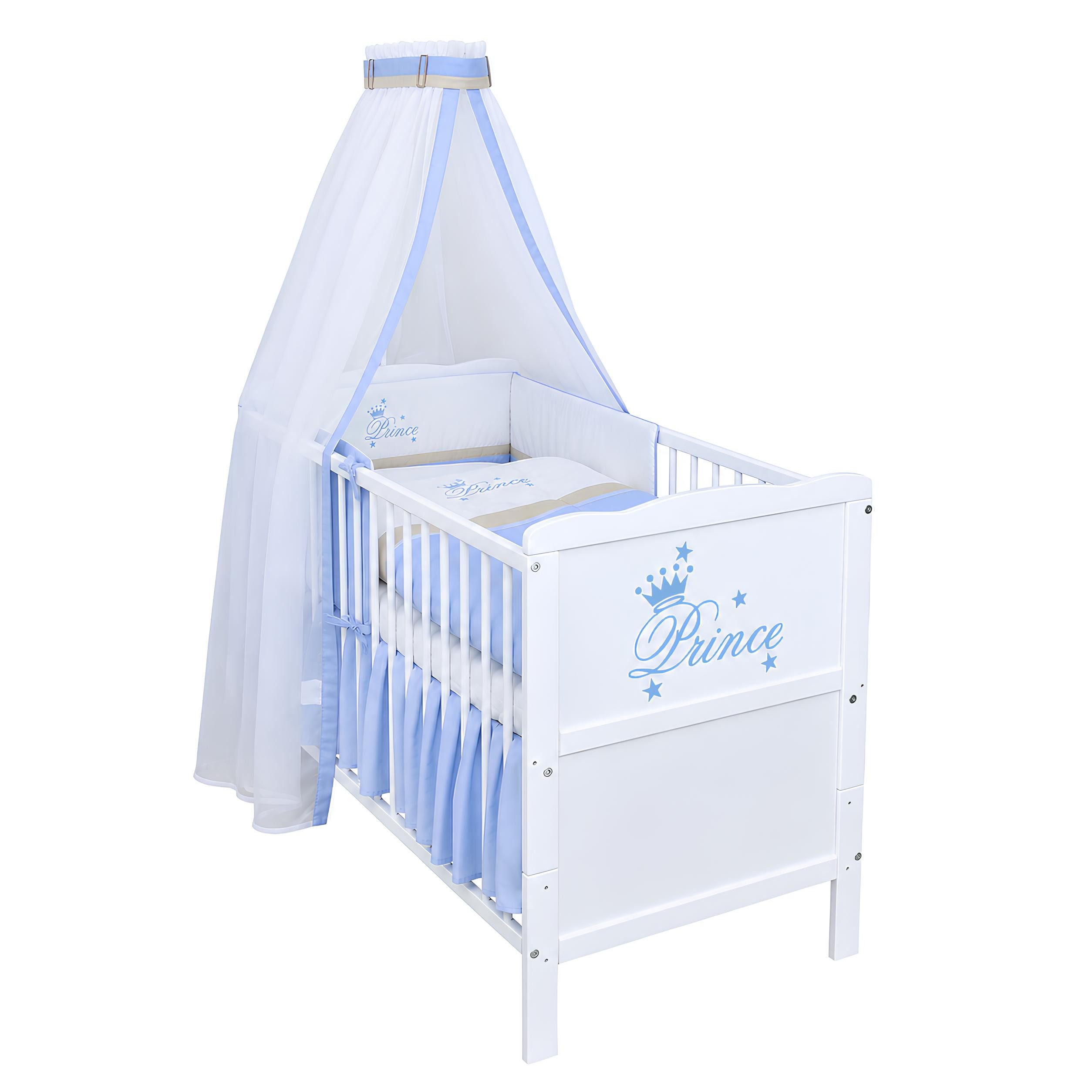 Baby-Delux Komplettbett Babybett Natalie Prince Komplettset, 10-tlg., Kinderbett 70x140 cm weiß, Bettset verschiedene Designs
