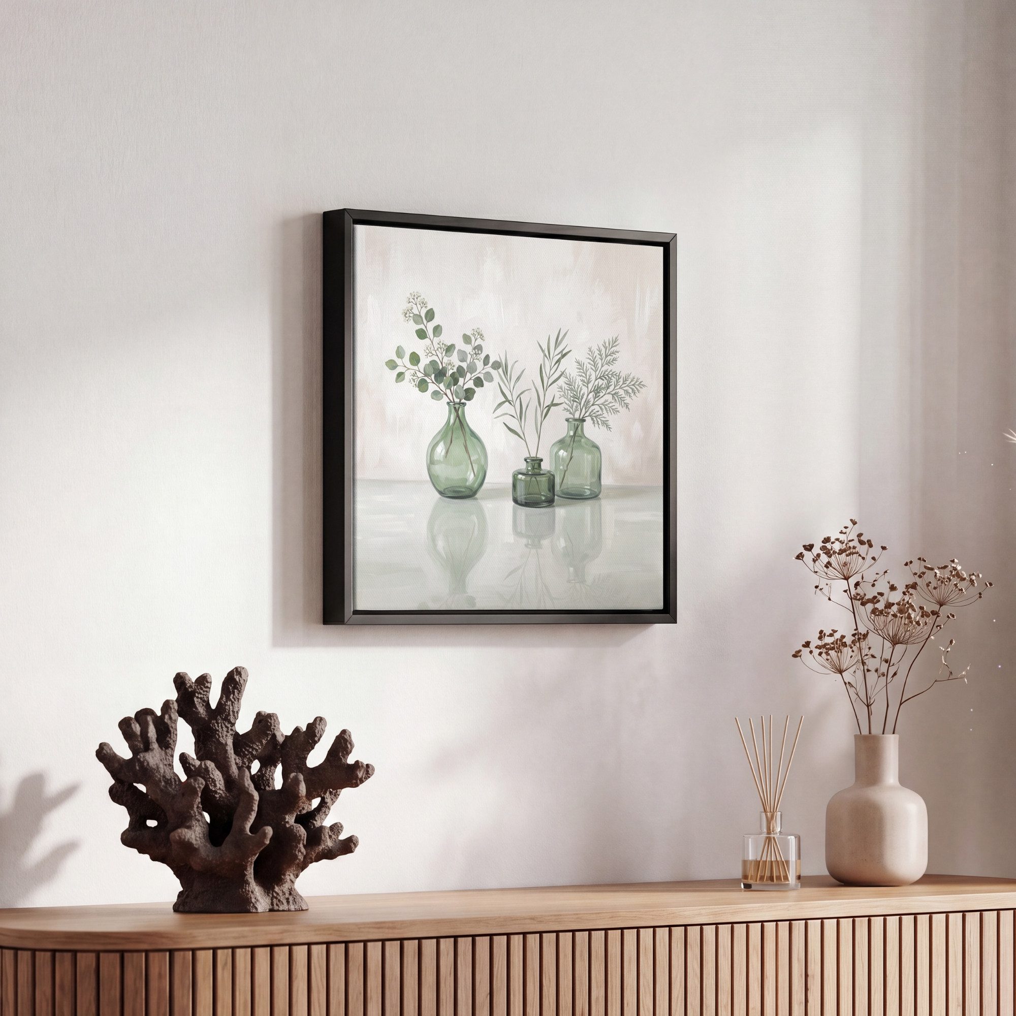 OneMillionCanvasses® Leinwandbild mit Rahmen - Vasen - Blätter - Grün, Fotodruck (1 St), Leinwand Bilder Klein, Wand Dekoration Aesthetic 20x20cm – Bild 5 von 5