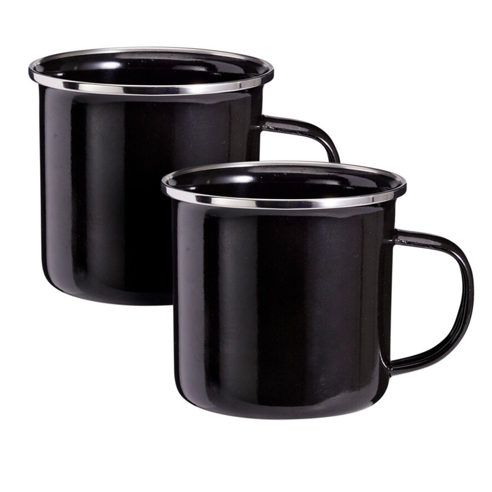 HAC24 Tasse Emaille Becher Camping Kaffee Tee Kaffeebecher Kaffeetasse, 2-tlg., Eisen, 350 ml Schwarz mit Griff