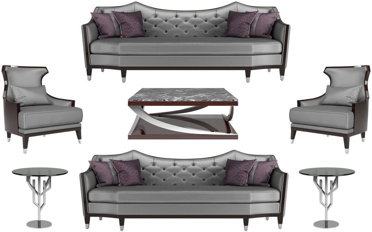 Casa Padrino Couchtisch Luxus Set Silber / Schwarz / Dunkelbraun - 2 Sofas & 2 Sessel & 1 Couchtisch & 2 Beistelltische - Luxus Möbel
