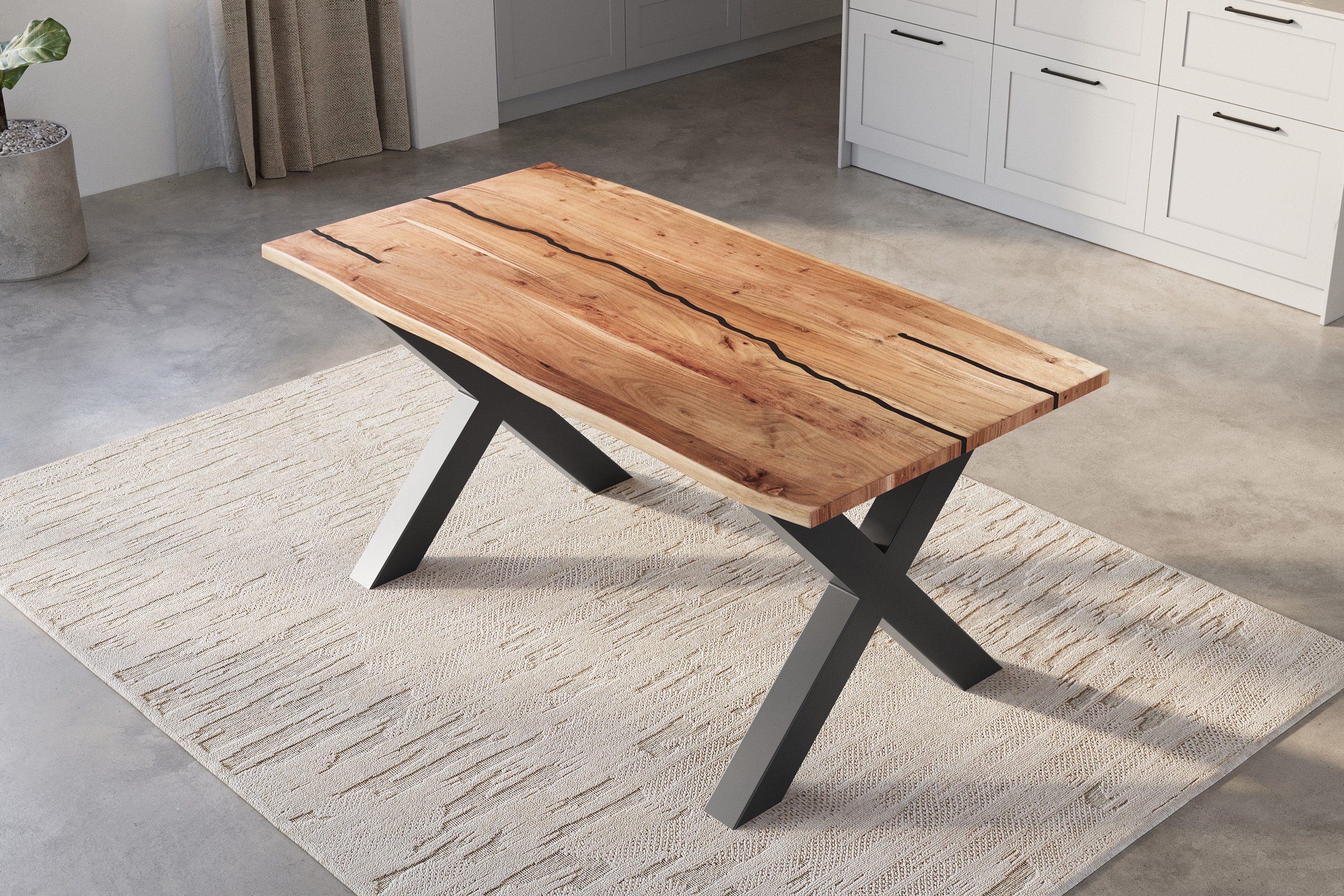 SAM® Baumkantentisch Daisy, Akazienholz, Baumkante, schwarze Resin-Adern, Metallgestell