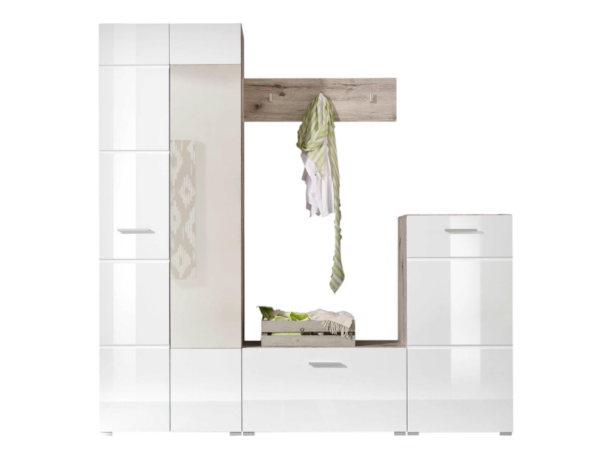 moebel-dich-auf Kompaktgarderobe SIENA (in Weiß Hochglanz/Sandeiche Optik, 4-teilige, Flurgarderobe mit Spiegel) 195x195x36 cm (B/H/T)