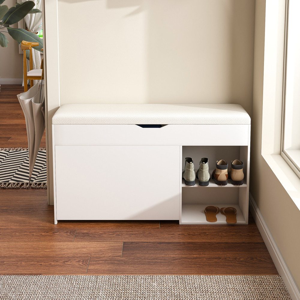 BBWL Schuhbank 100cm mit Stauraum Klappdeckel verstecktes Fach MDF PU Sitzkissen Weiß, Flurbank modernes Design Eingangsbereich Sitzbank robust 100kg